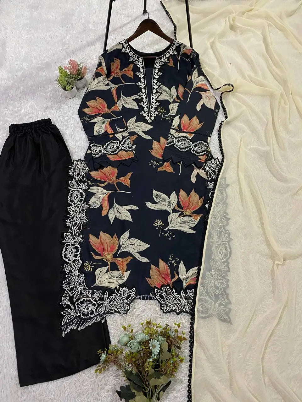 Midnight Floral Muslin Kurta Palazzo Set for Casual and Festive Wear