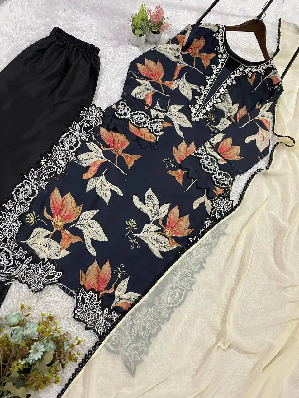 Midnight Floral Muslin Kurta Palazzo Set for Casual and Festive Wear