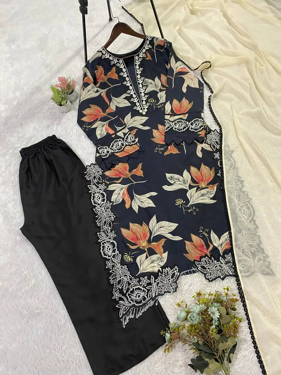 Midnight Floral Muslin Kurta Palazzo Set for Casual and Festive Wear