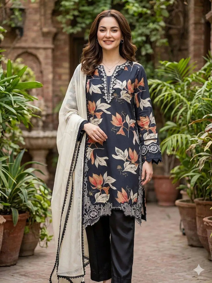 Midnight Floral Muslin Kurta Palazzo Set for Casual and Festive Wear
