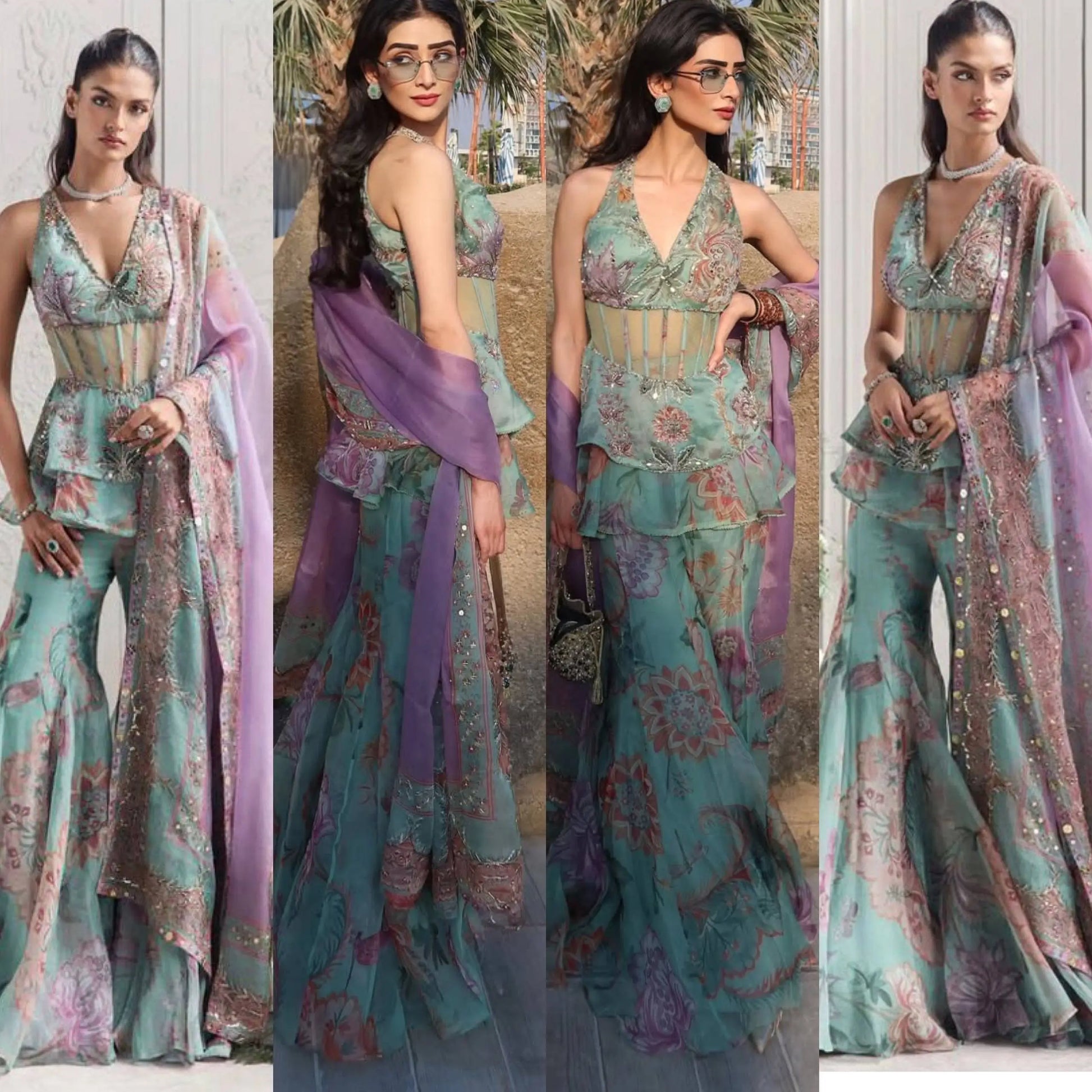 Mint Bloom Designer Georgette Sharara Set for Festive and Party Wear
