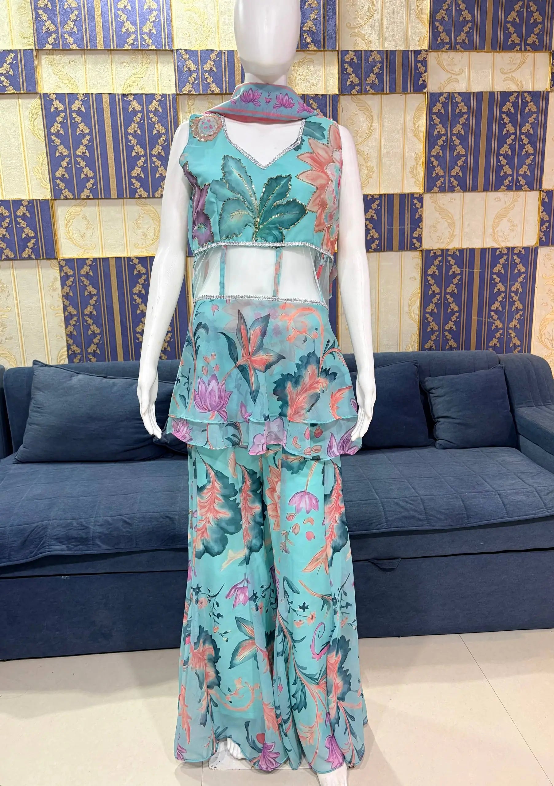 Mint Bloom Designer Georgette Sharara Set for Festive and Party Wear