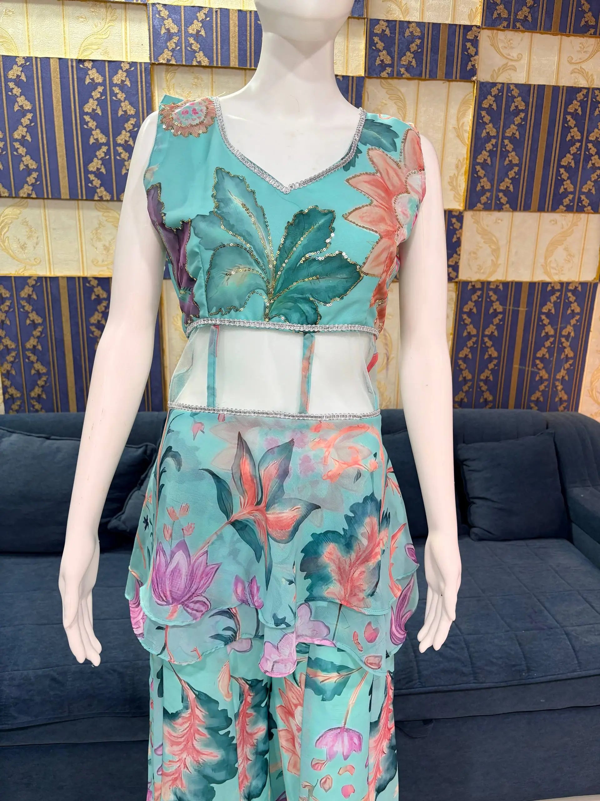 Mint Bloom Designer Georgette Sharara Set for Festive and Party Wear