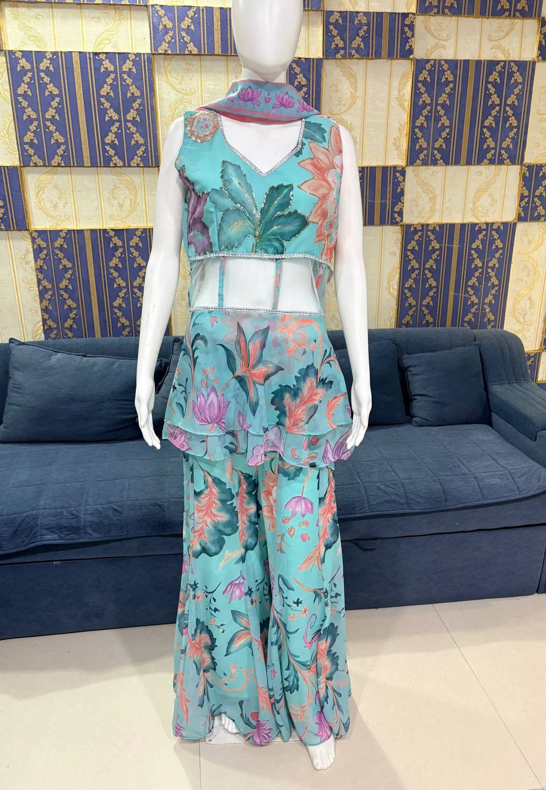 Mint Bloom Designer Georgette Sharara Set for Festive and Party Wear