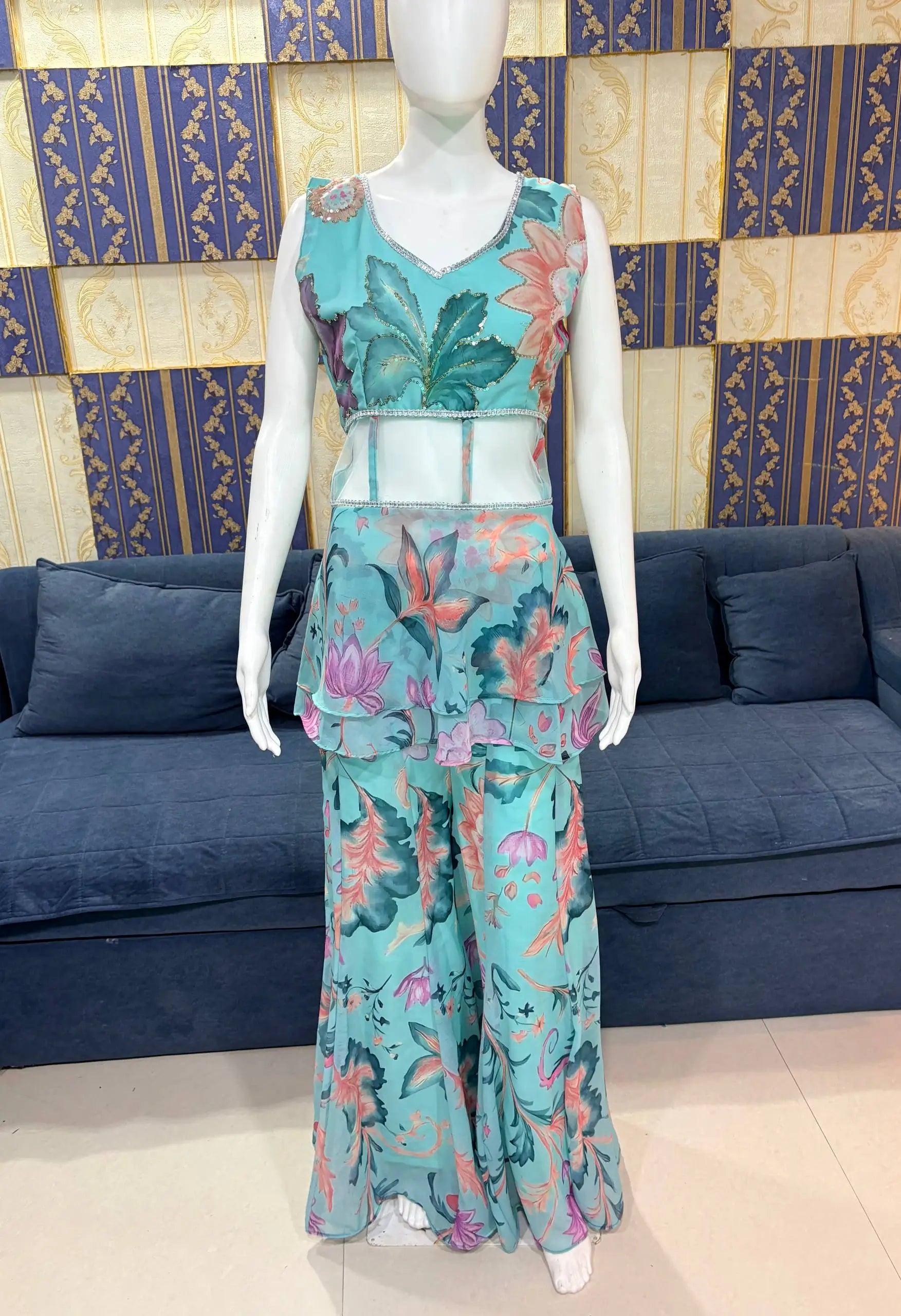 Mint Bloom Designer Georgette Sharara Set for Festive and Party Wear