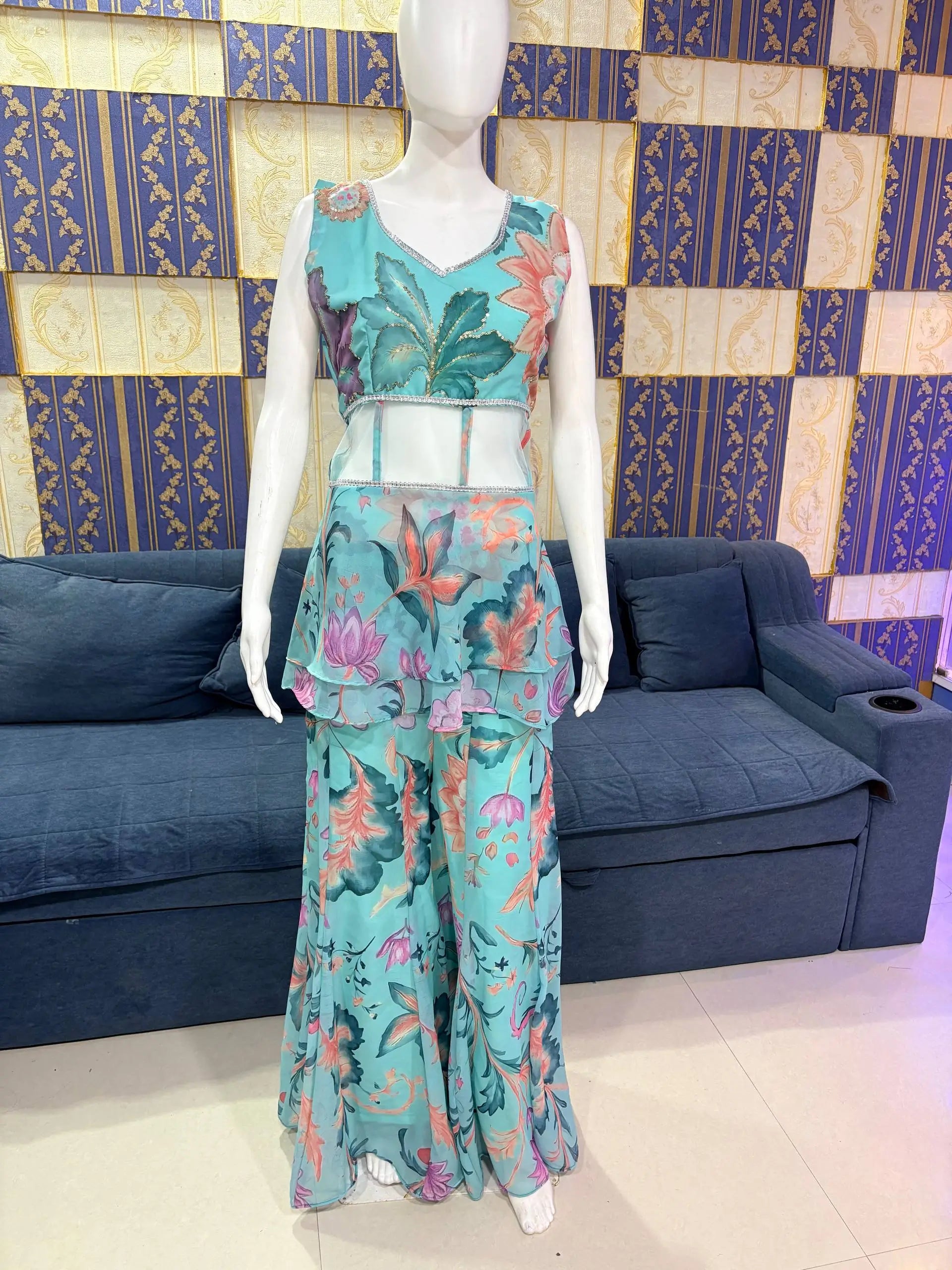 Mint Bloom Designer Georgette Sharara Set for Festive and Party Wear