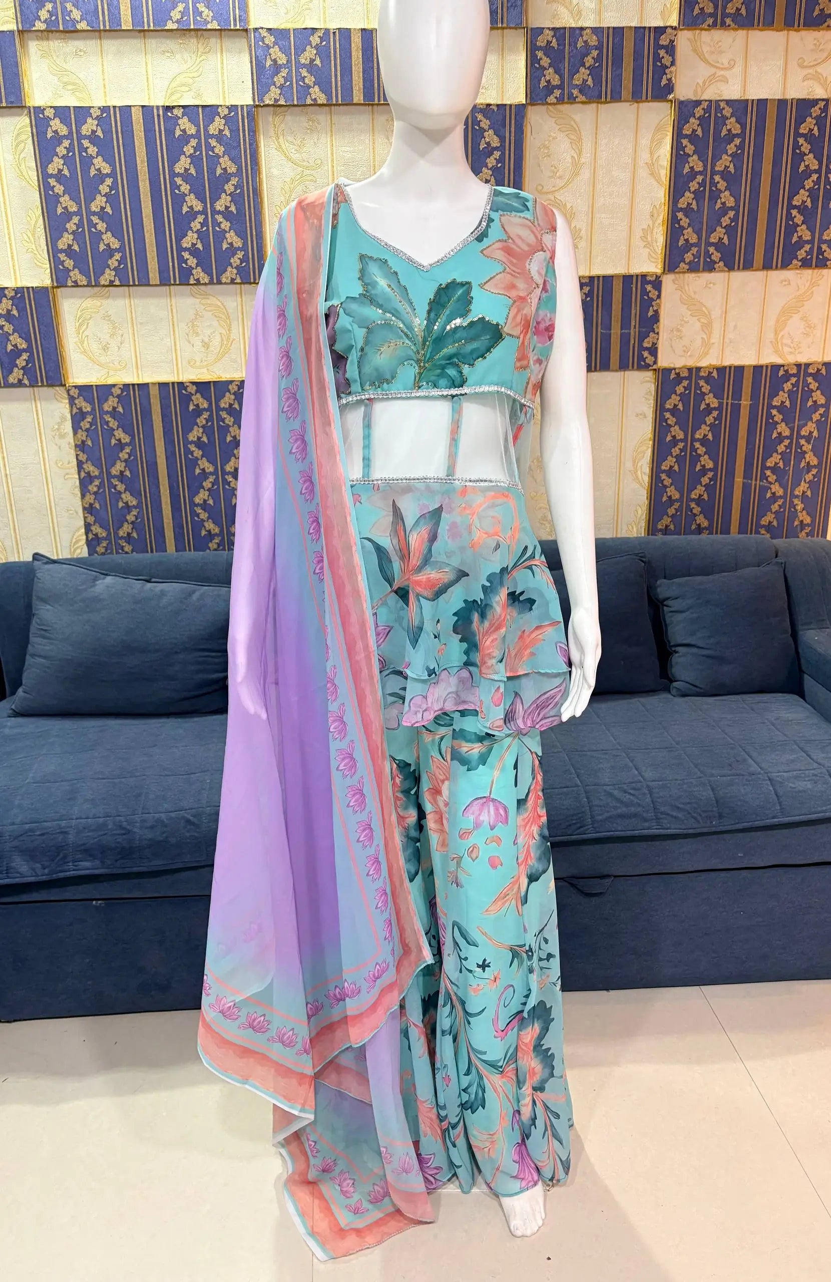 Mint Bloom Designer Georgette Sharara Set for Festive and Party Wear