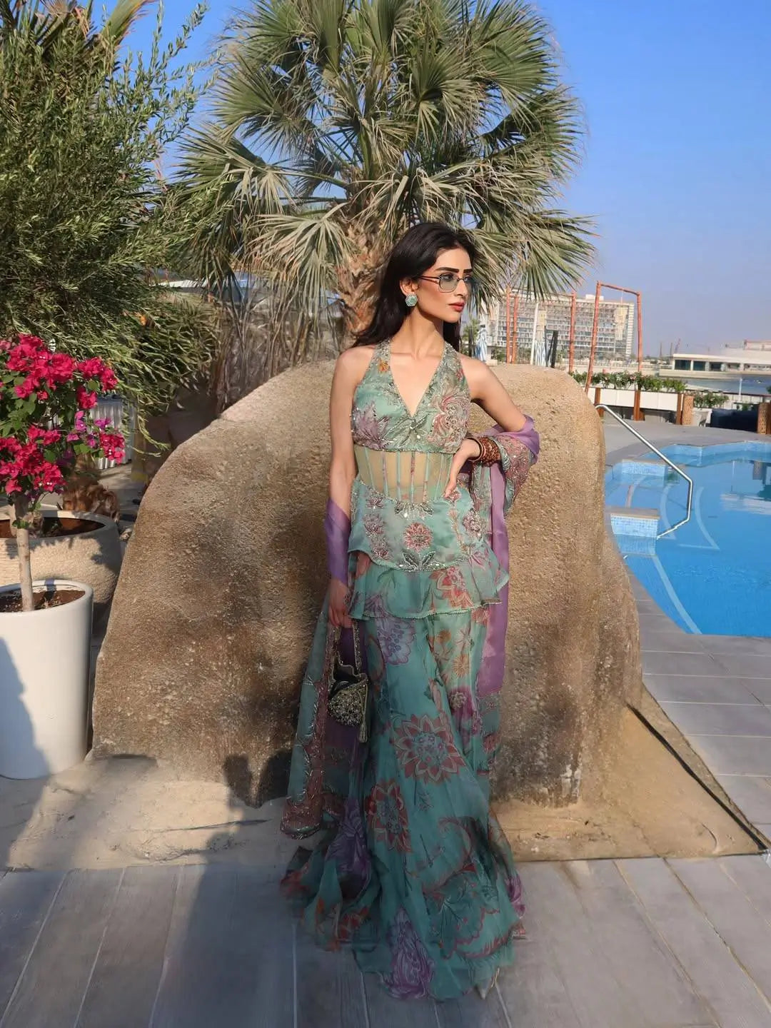 Mint Bloom Designer Georgette Sharara Set for Festive and Party Wear