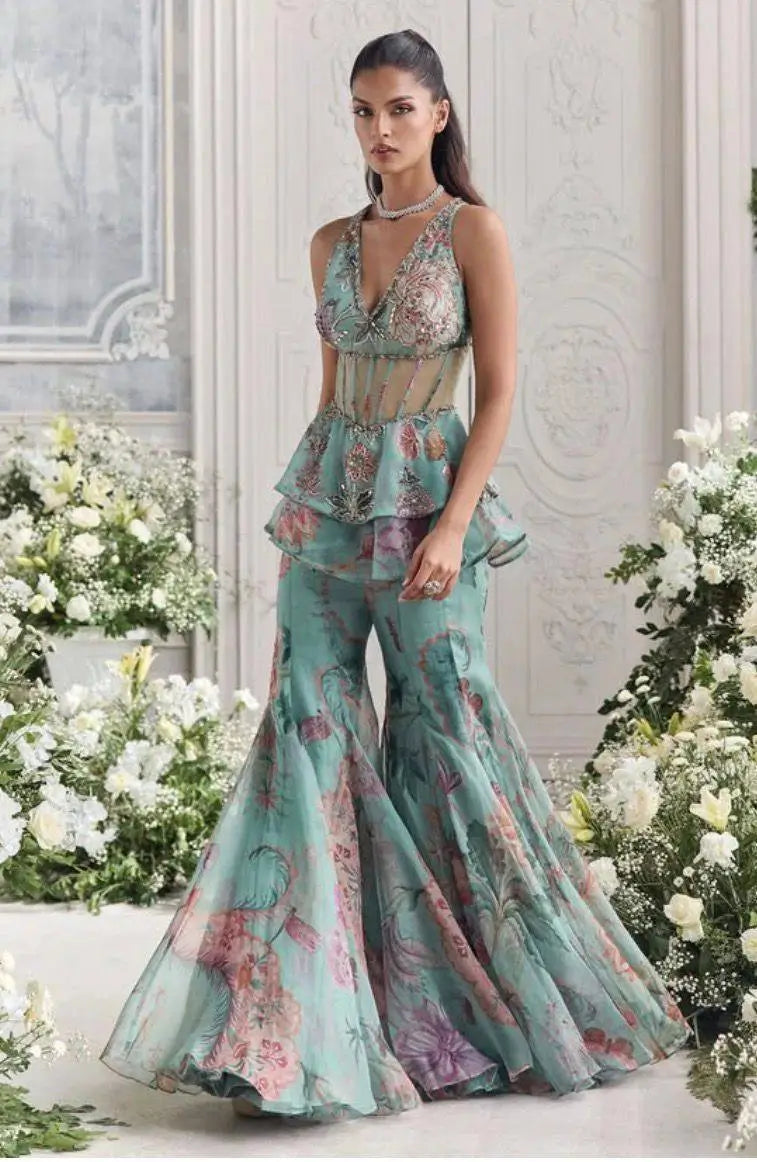 Mint Bloom Designer Georgette Sharara Set for Festive and Party Wear