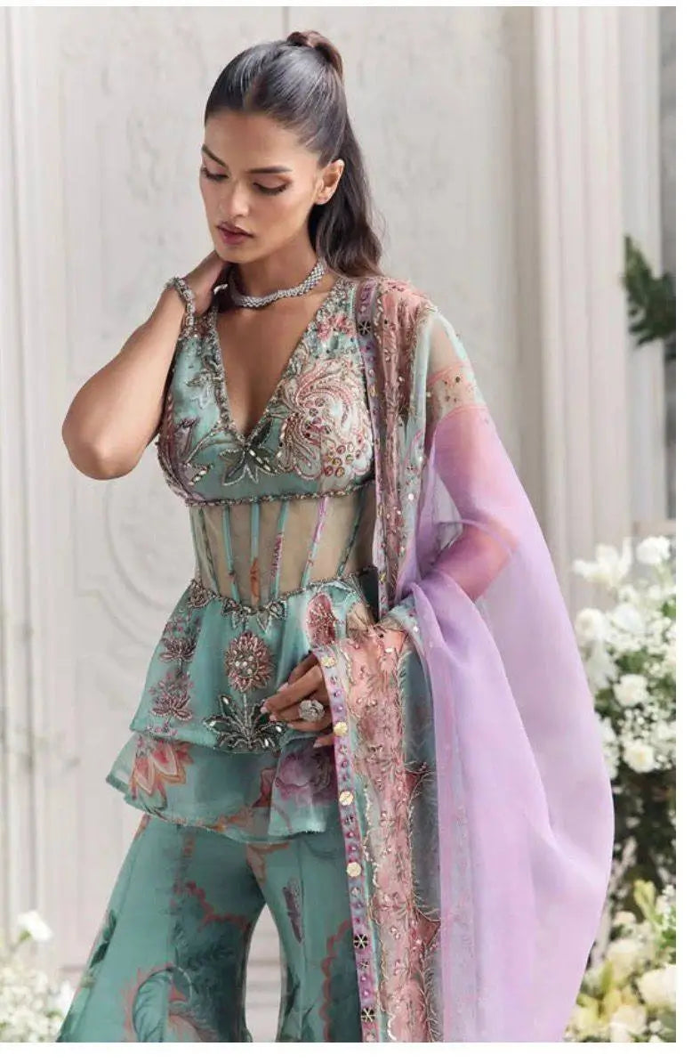 Mint Bloom Designer Georgette Sharara Set for Festive and Party Wear