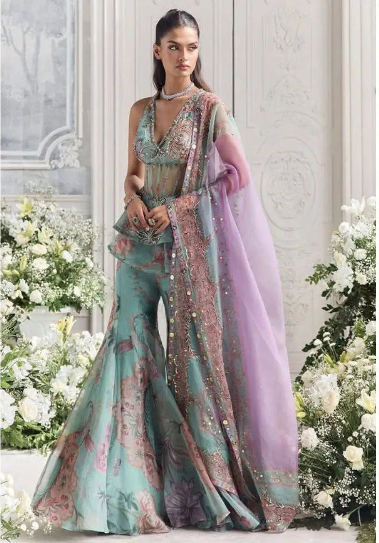 Mint Bloom Designer Georgette Sharara Set for Festive and Party Wear