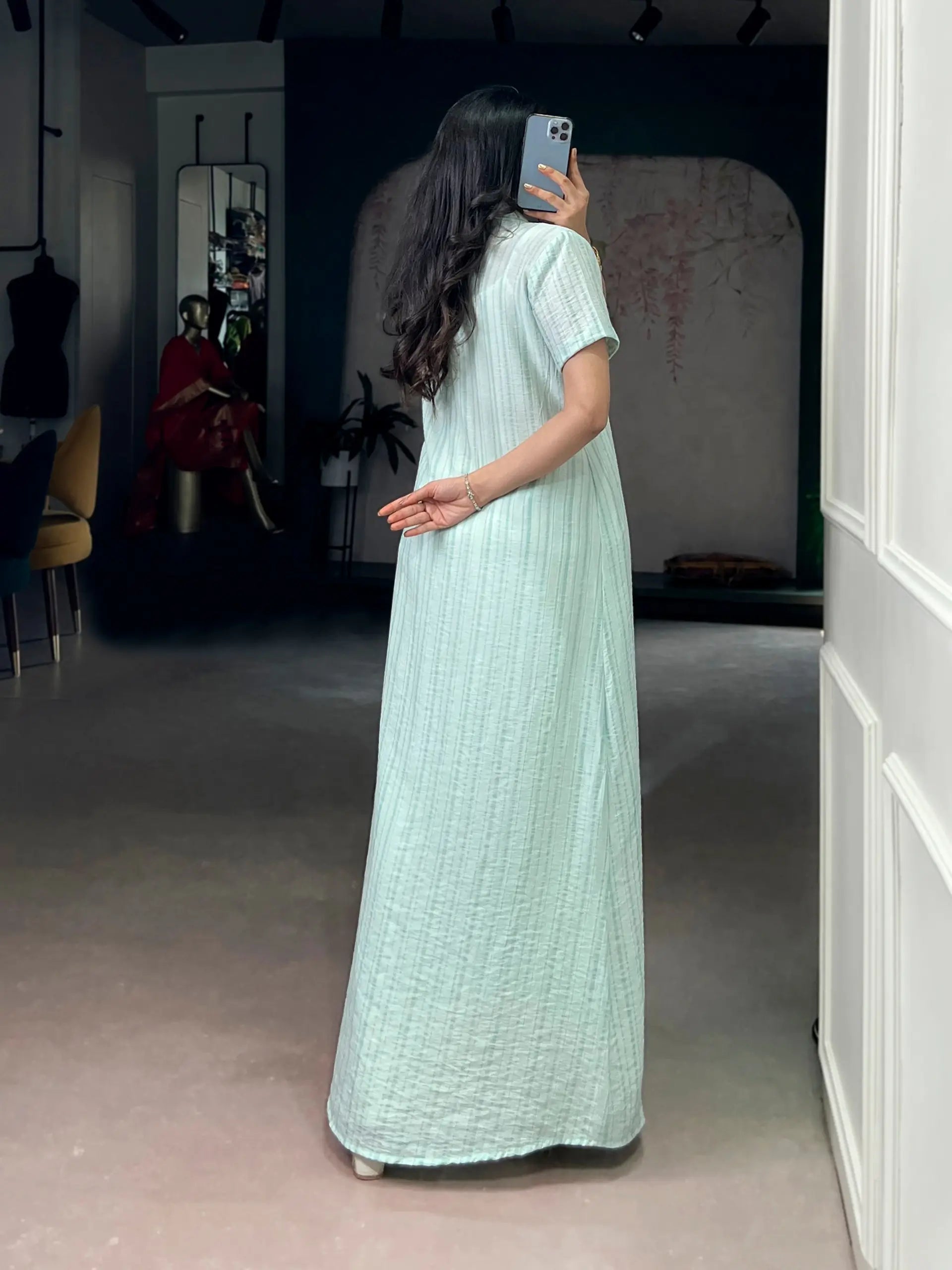 Mint Green Orchid Fabric Co-Ord Set with Striped Overlay Shrug