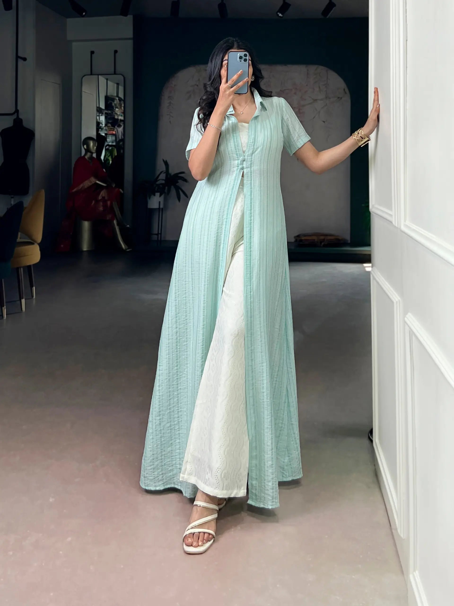 Mint Green Orchid Fabric Co-Ord Set with Striped Overlay Shrug