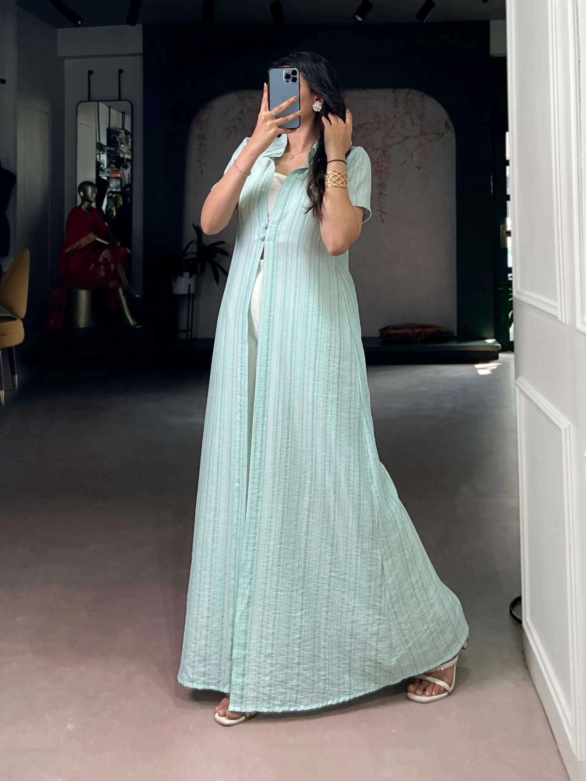 Mint Green Orchid Fabric Co-Ord Set with Striped Overlay Shrug