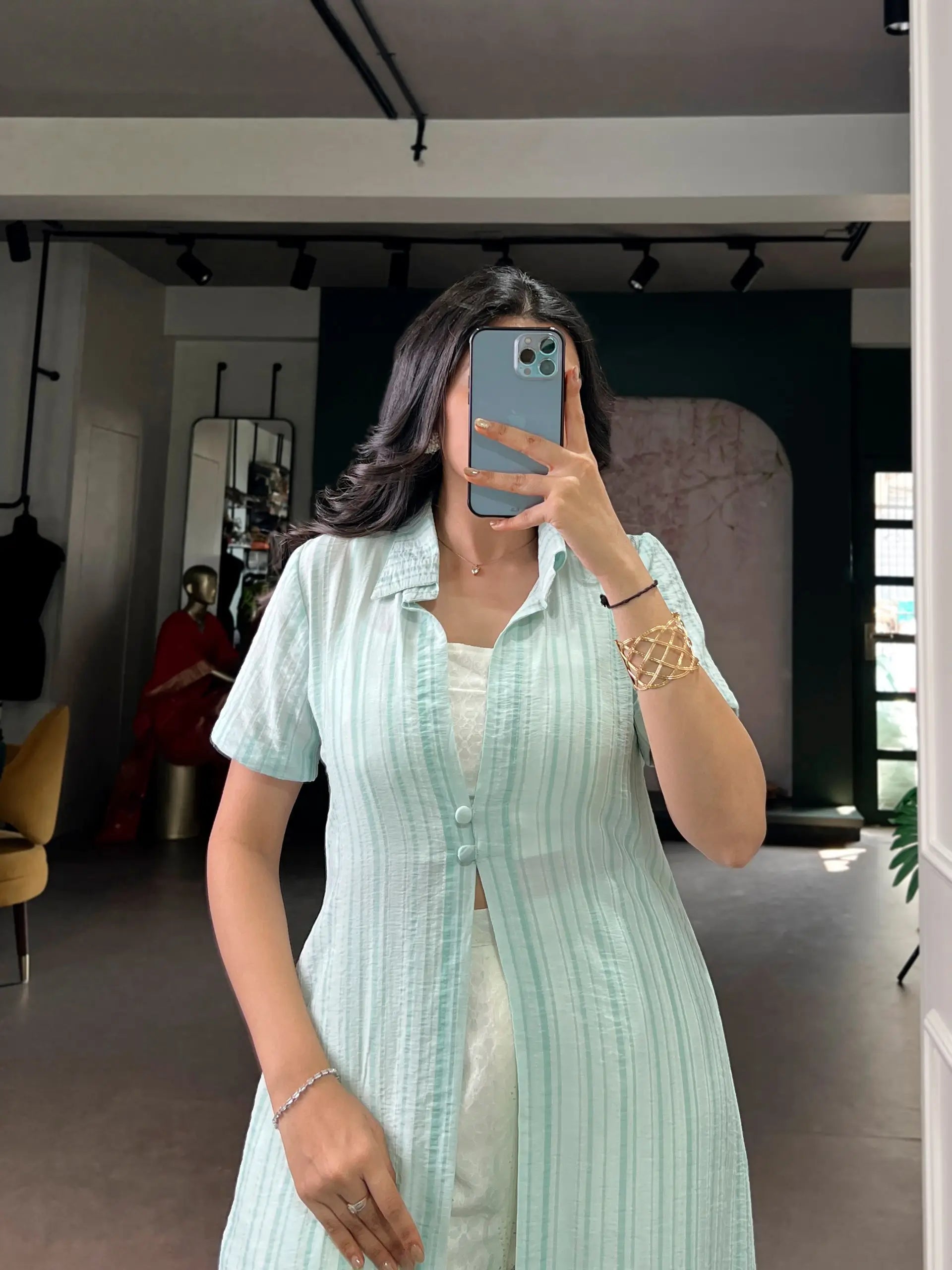 Mint Green Orchid Fabric Co-Ord Set with Striped Overlay Shrug