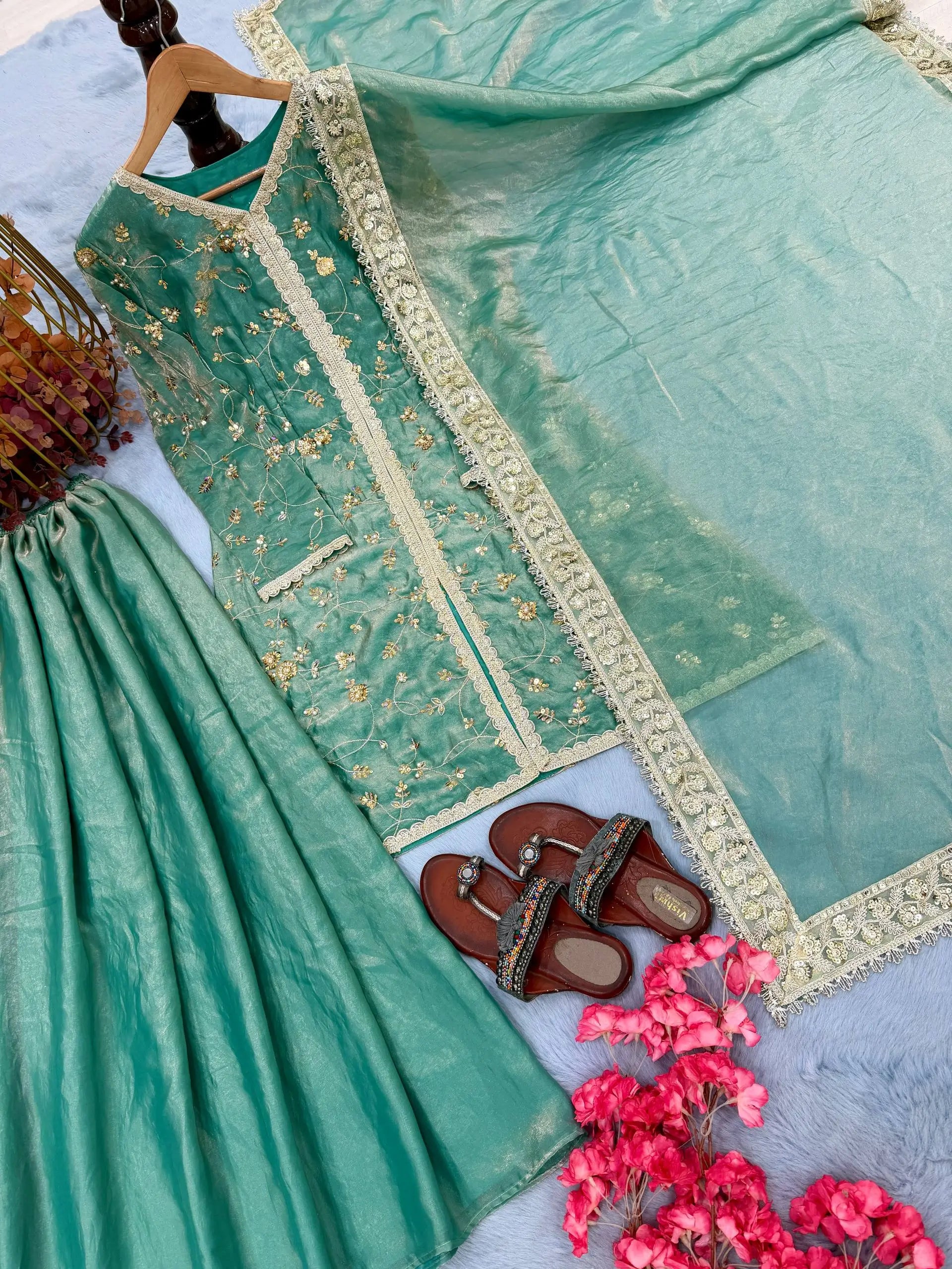 Mint Green Pure Fendi Silk Embroidered Kurta Plazzo Set with Sequin Coding Dori Dupatta | Festive Party Wear