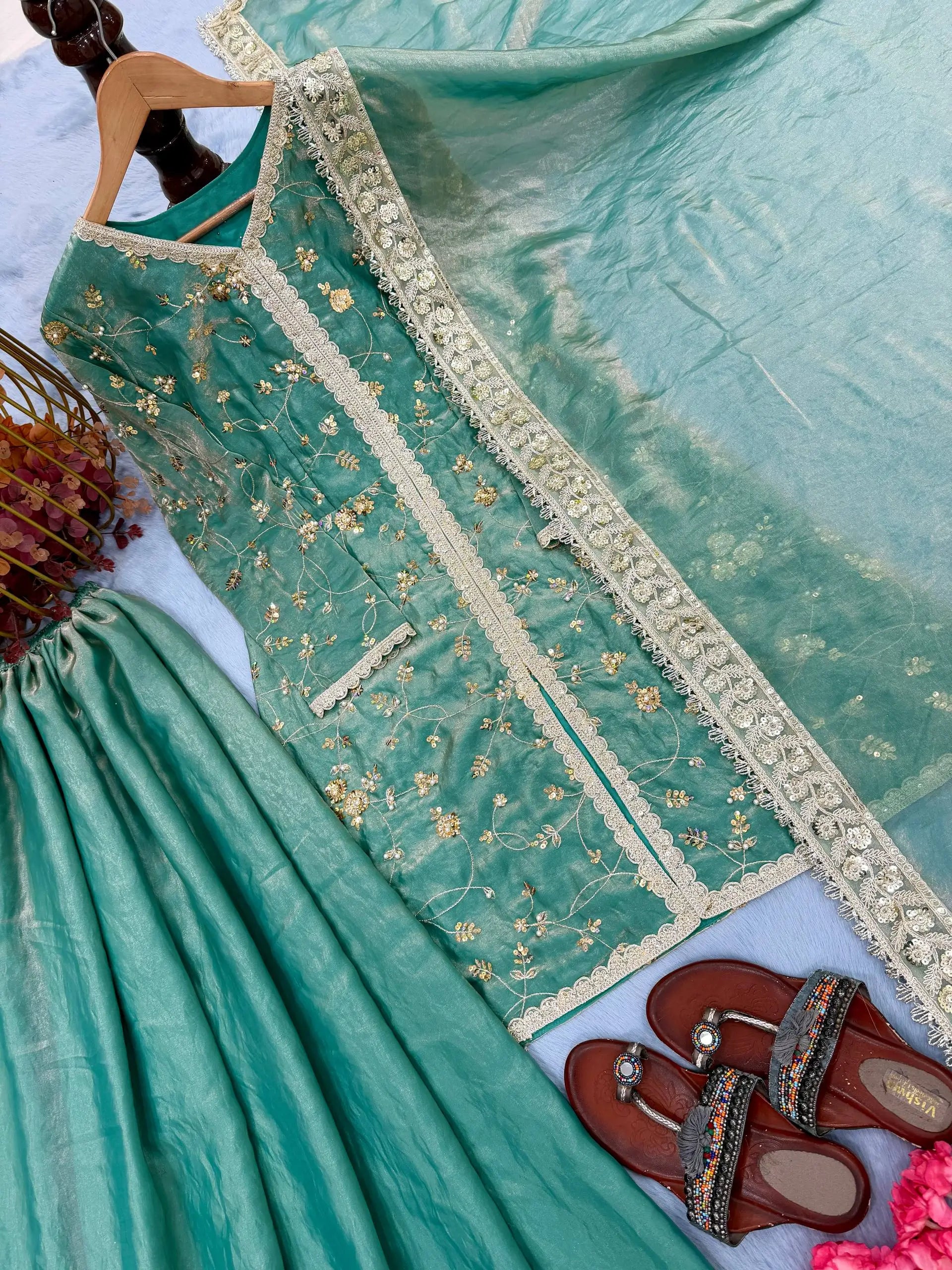 Mint Green Pure Fendi Silk Embroidered Kurta Plazzo Set with Sequin Coding Dori Dupatta | Festive Party Wear