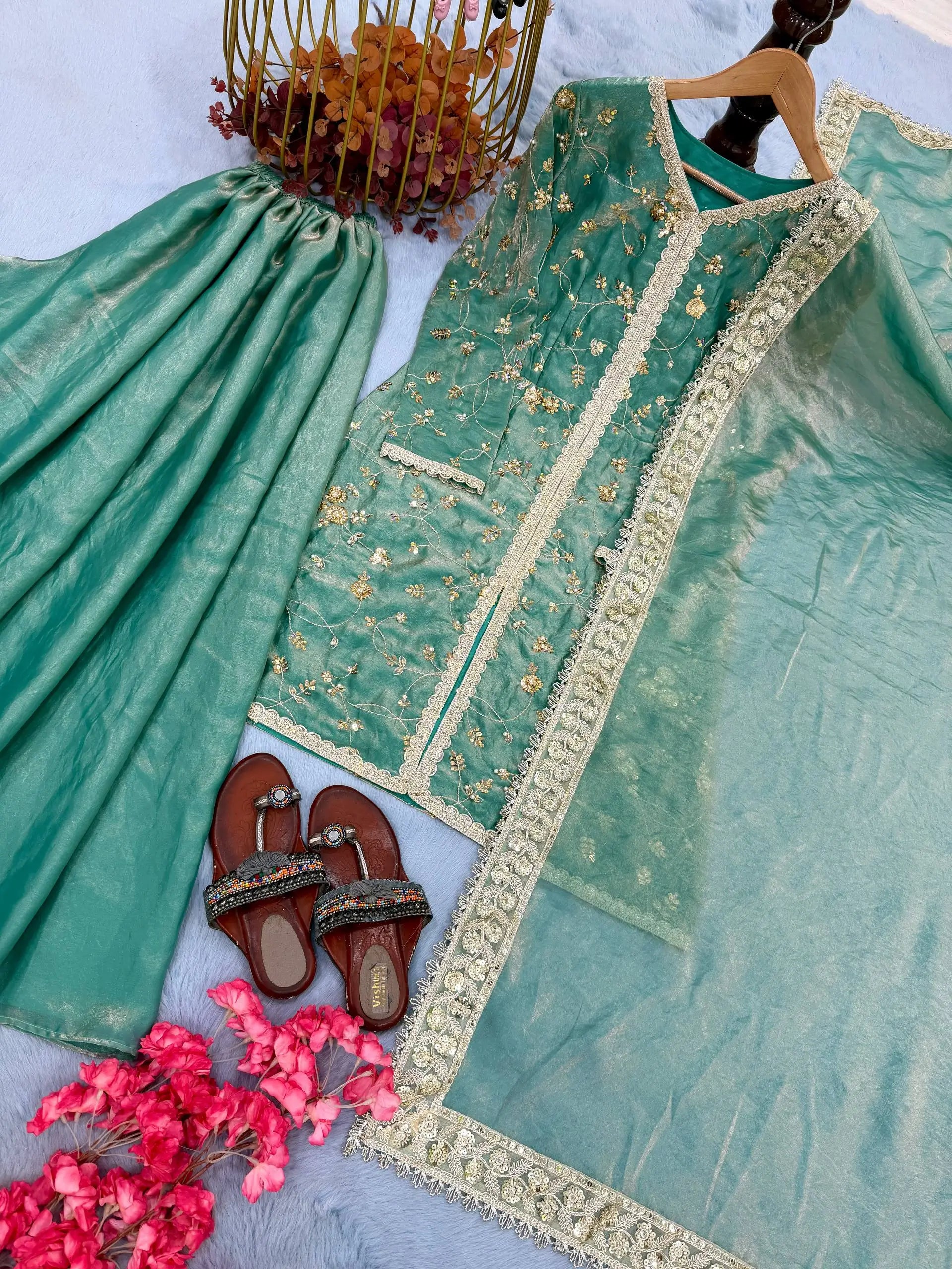 Mint Green Pure Fendi Silk Embroidered Kurta Plazzo Set with Sequin Coding Dori Dupatta | Festive Party Wear