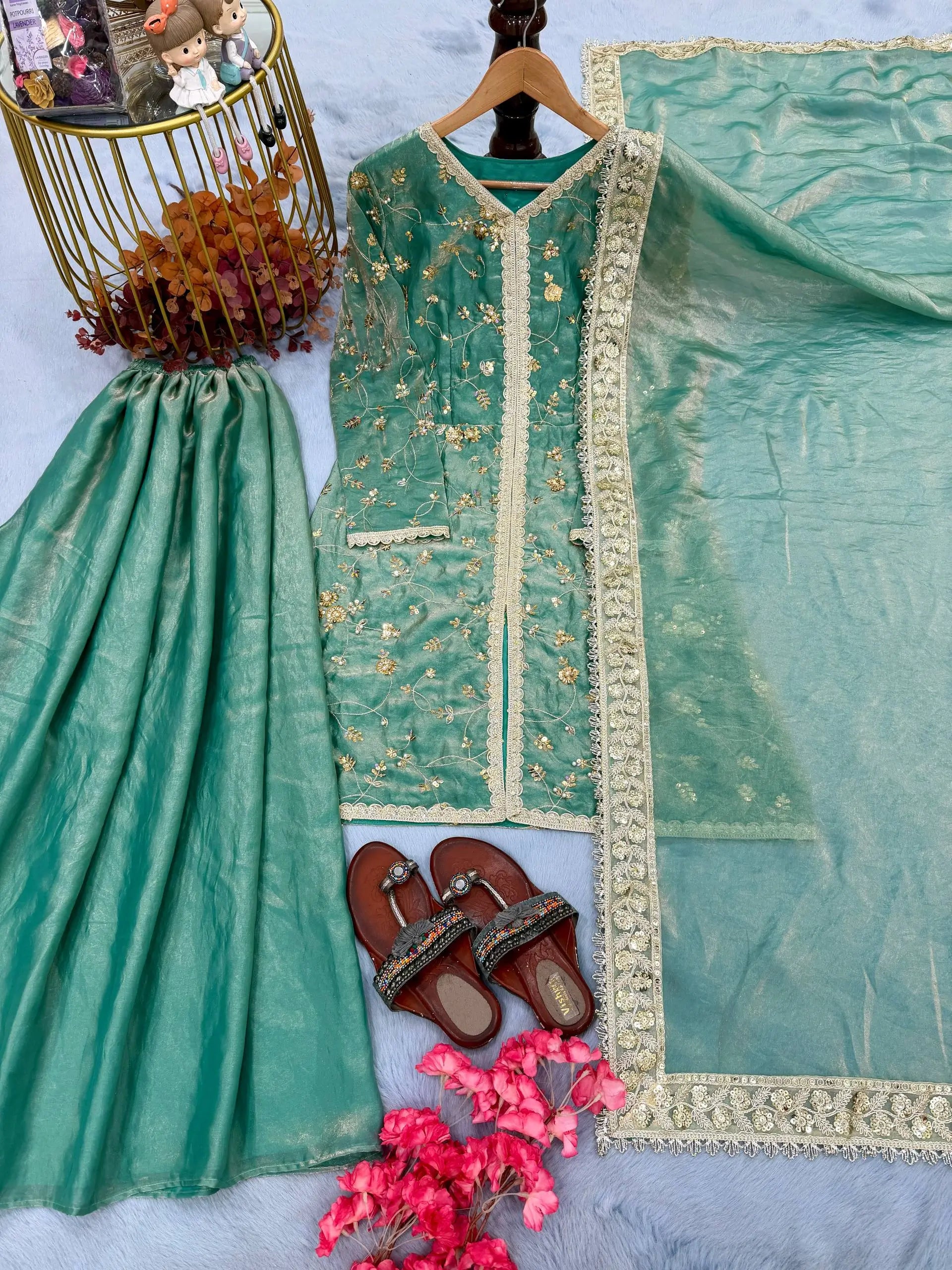 Mint Green Pure Fendi Silk Embroidered Kurta Plazzo Set with Sequin Coding Dori Dupatta | Festive Party Wear