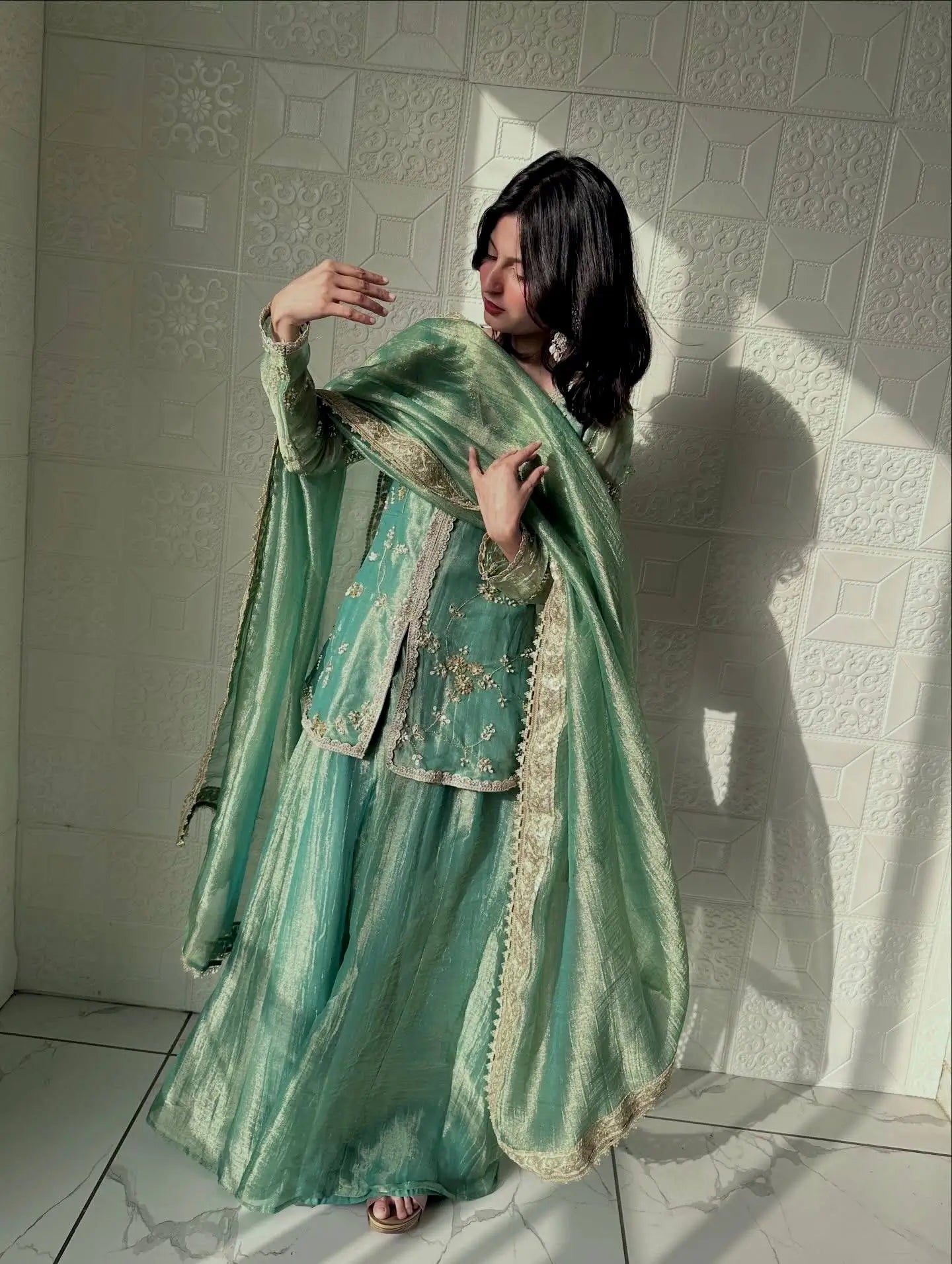 Mint Green Pure Fendi Silk Embroidered Kurta Plazzo Set with Sequin Coding Dori Dupatta | Festive Party Wear