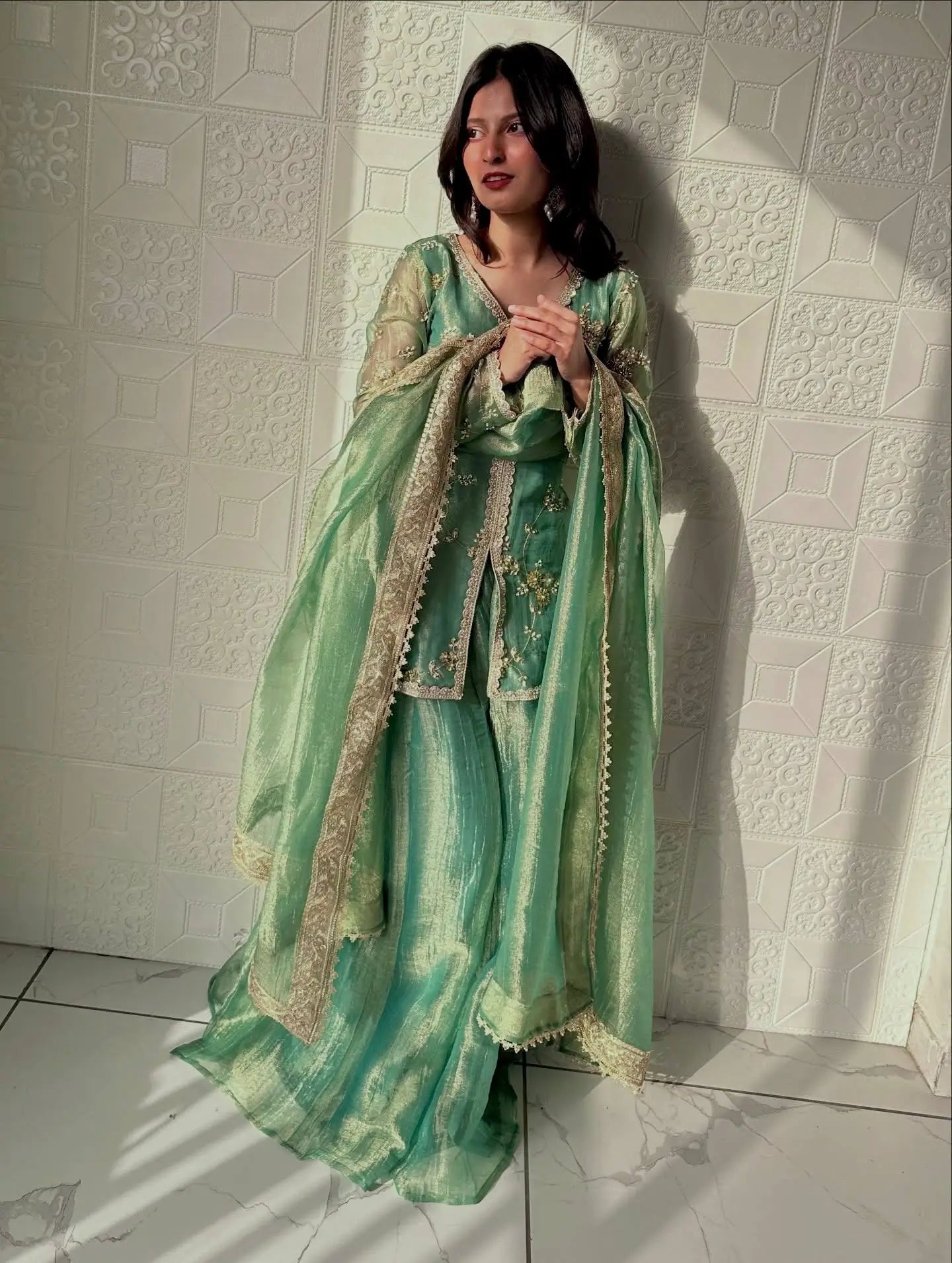 Mint Green Pure Fendi Silk Embroidered Kurta Plazzo Set with Sequin Coding Dori Dupatta | Festive Party Wear