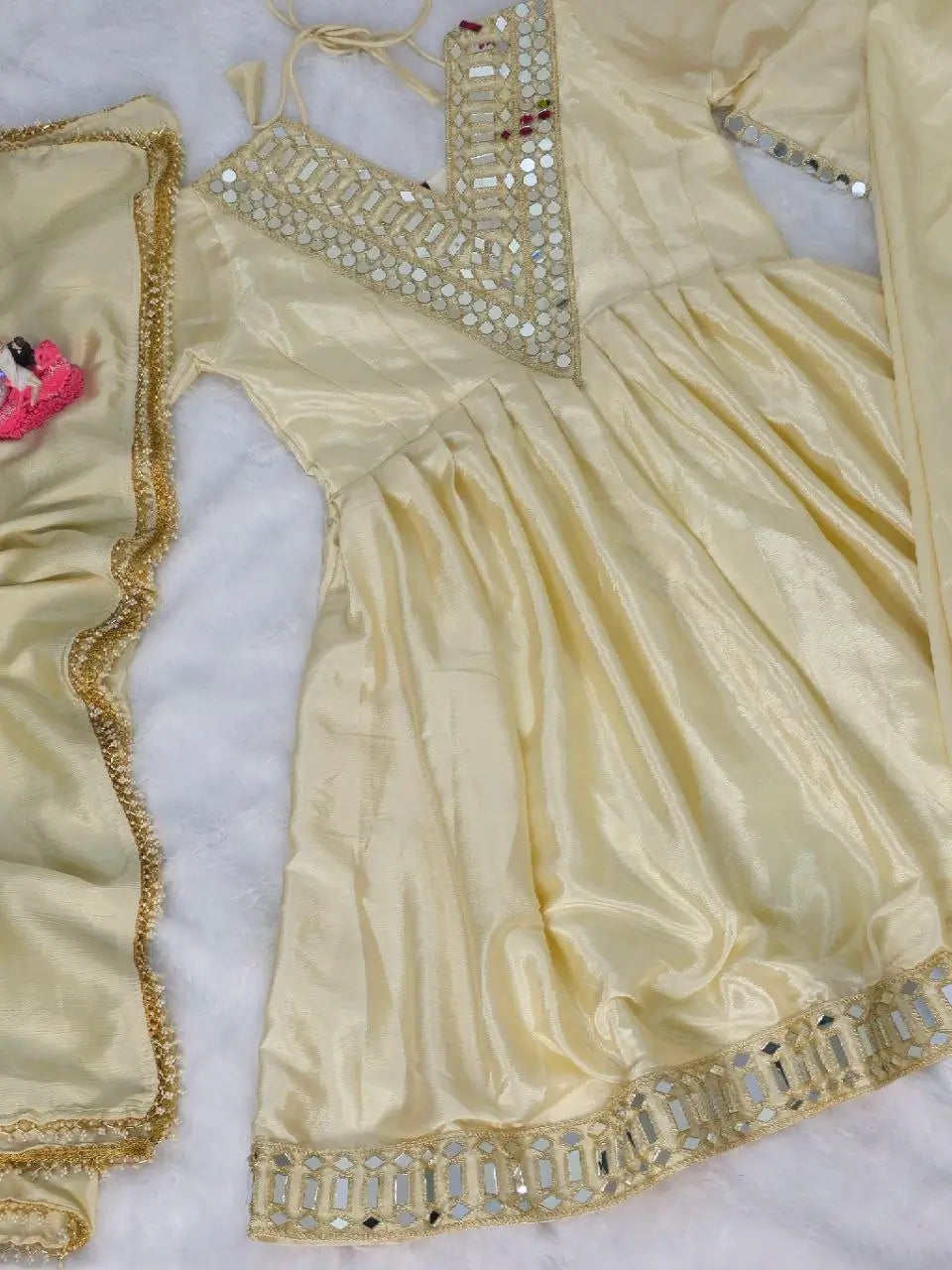 Mirror Work Chinon Kurta Palazzo Set with Dupatta