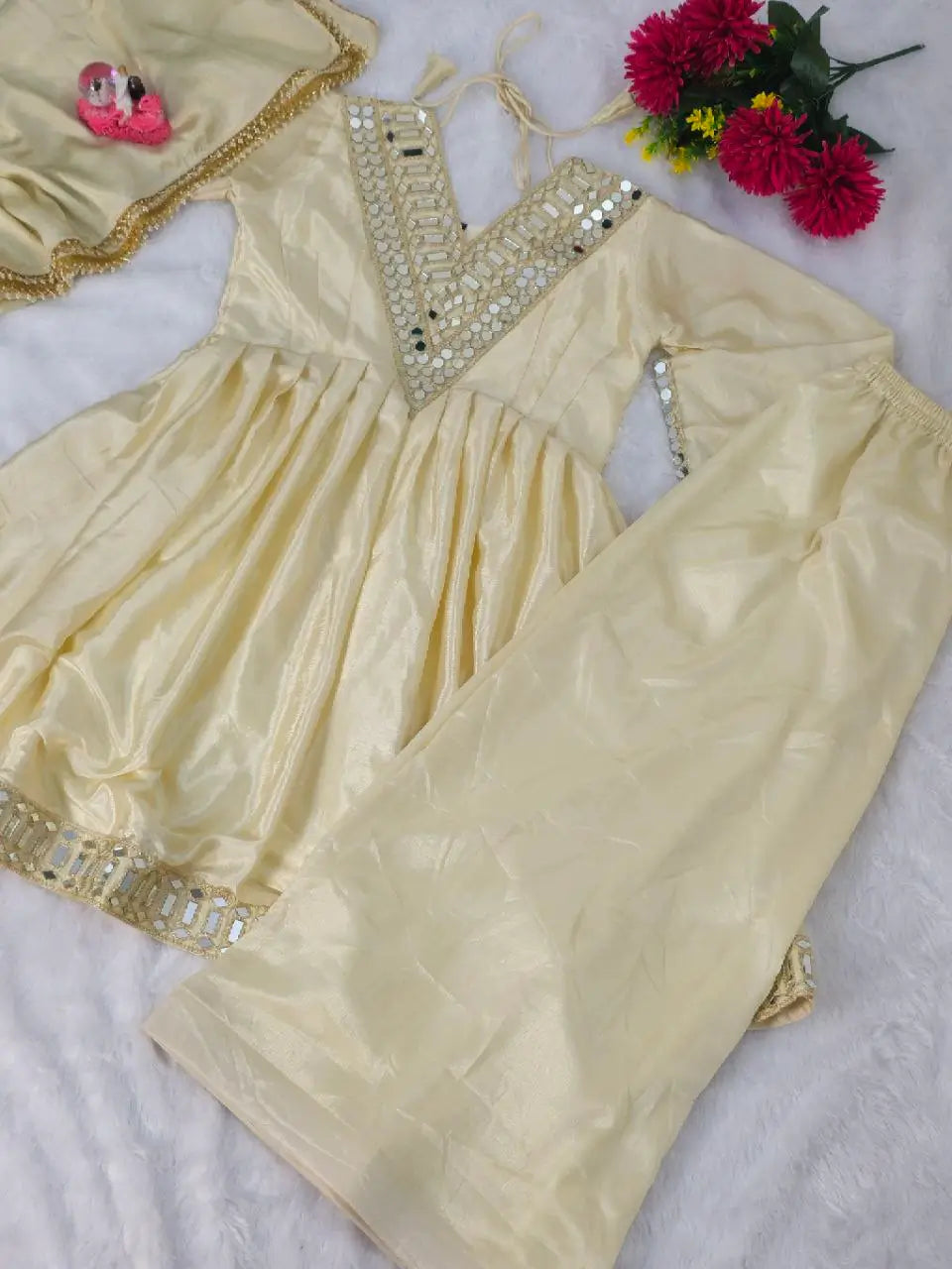 Mirror Work Chinon Kurta Palazzo Set with Dupatta