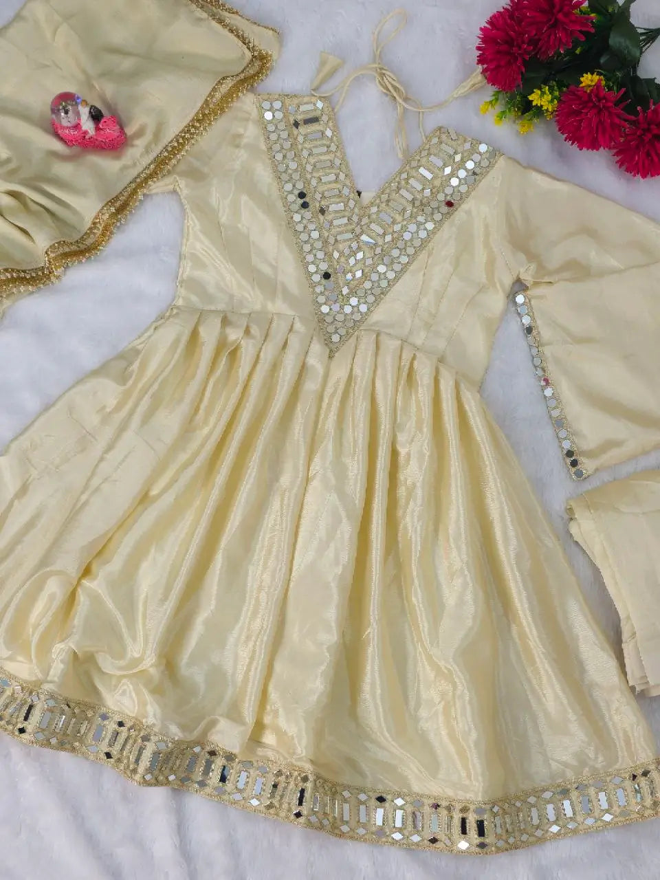 Mirror Work Chinon Kurta Palazzo Set with Dupatta