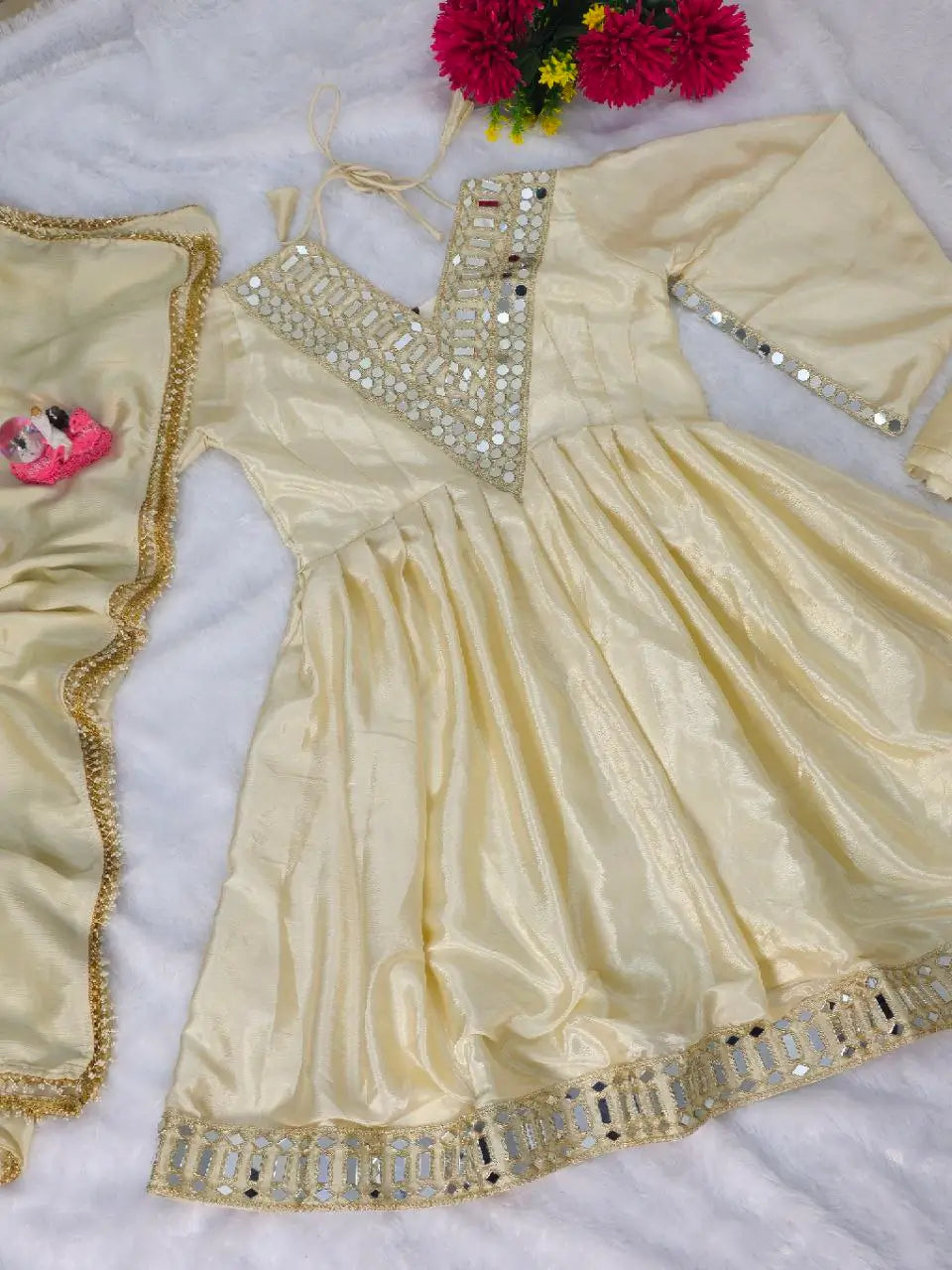 Mirror Work Chinon Kurta Palazzo Set with Dupatta