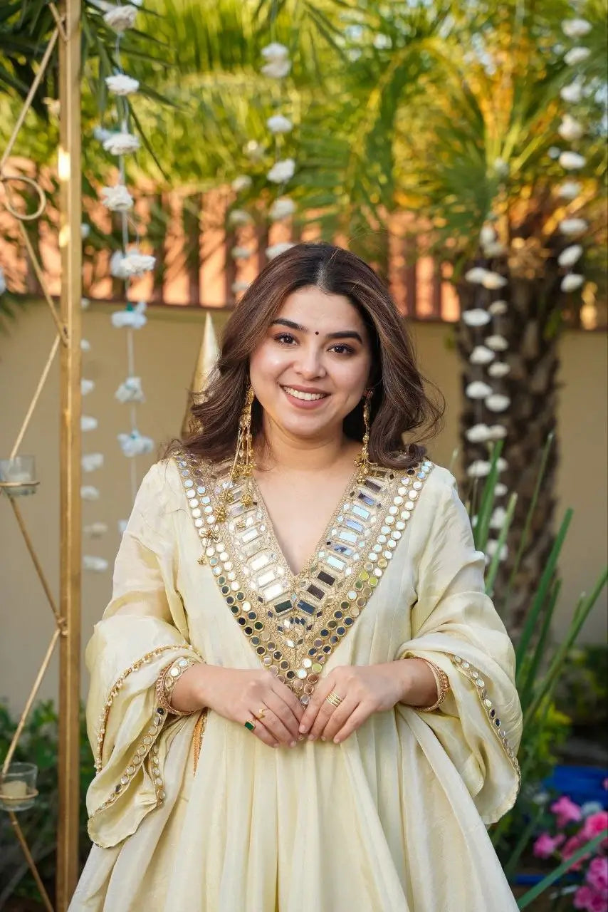 Mirror Work Chinon Kurta Palazzo Set with Dupatta