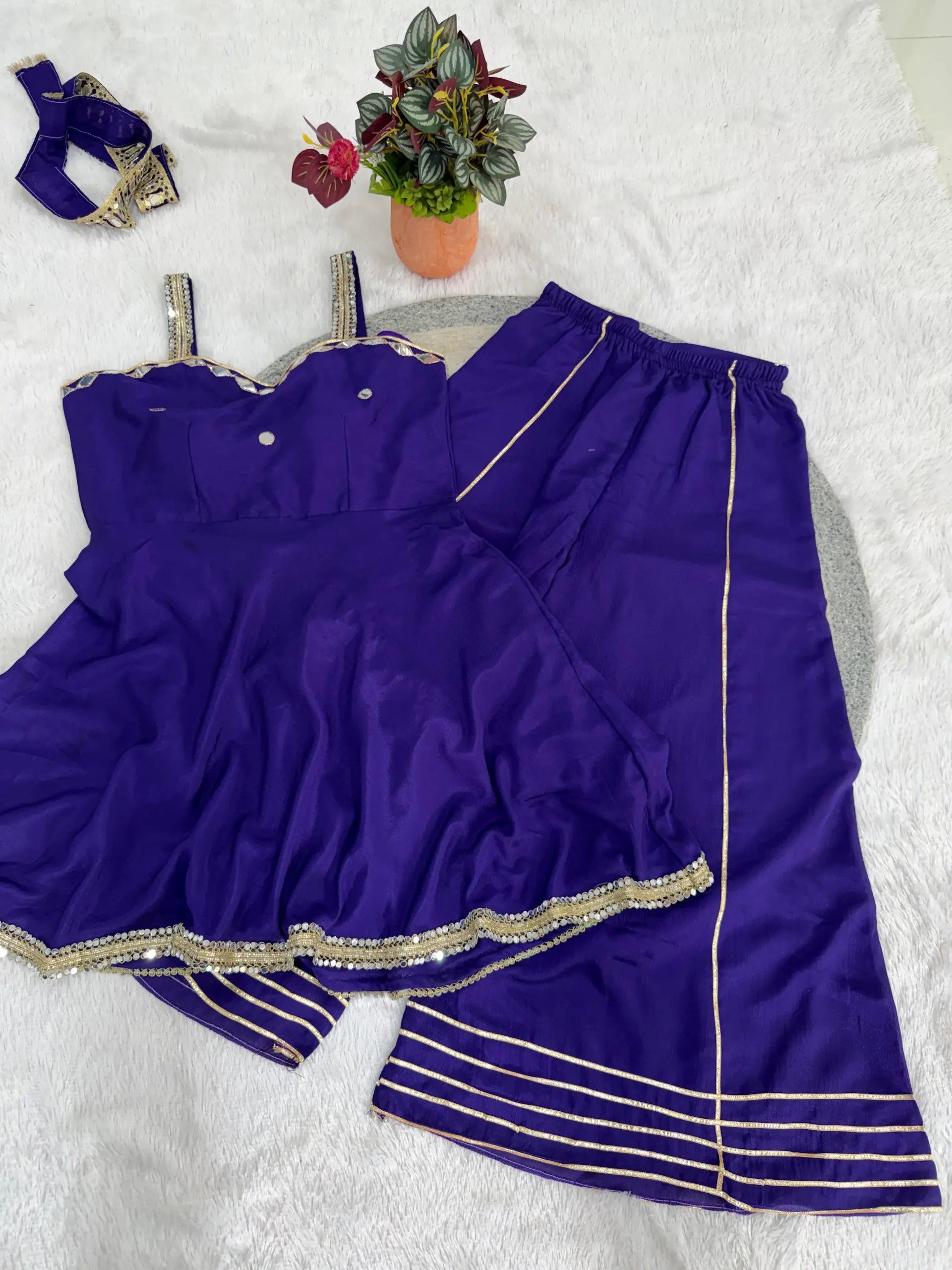 Mirror Work Chinon Peplum Palazzo Set with Dupatta for Festive Wear