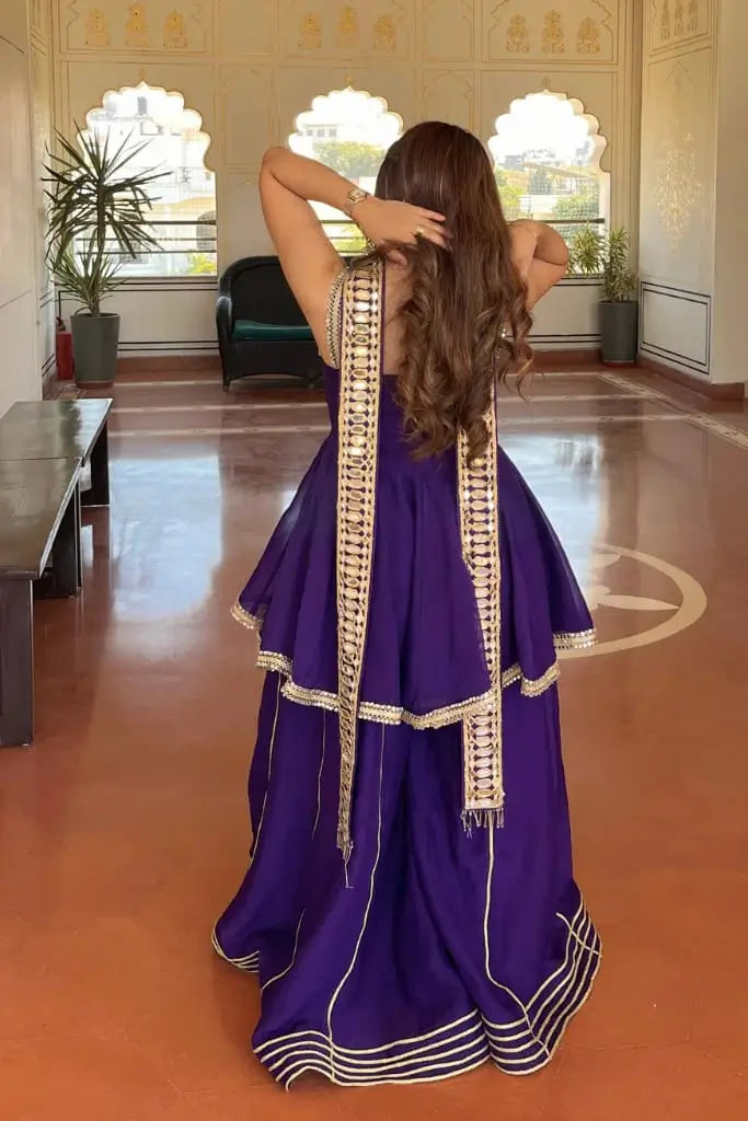 Mirror Work Chinon Peplum Palazzo Set with Dupatta for Festive Wear