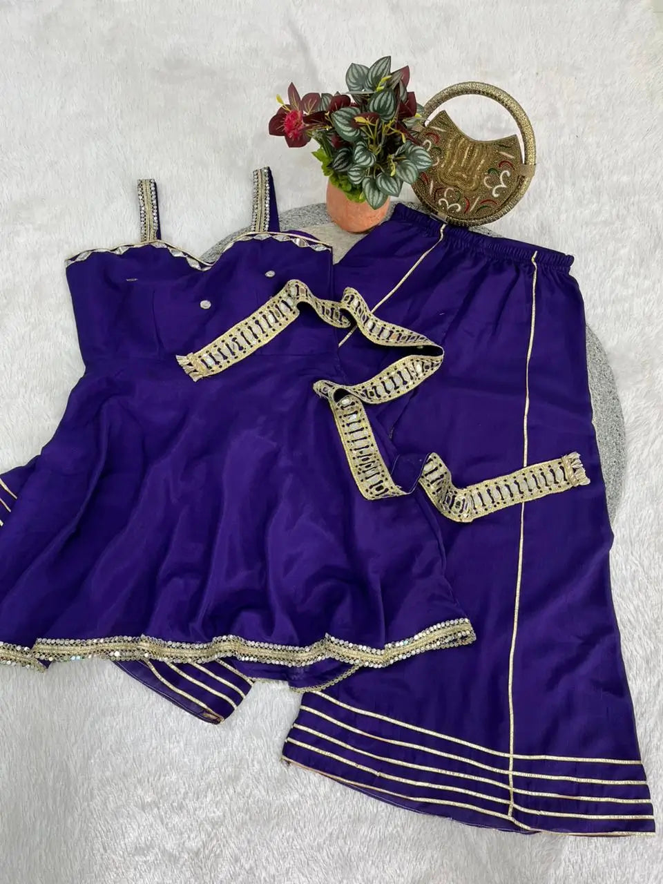 Mirror Work Chinon Peplum Palazzo Set with Dupatta for Festive Wear