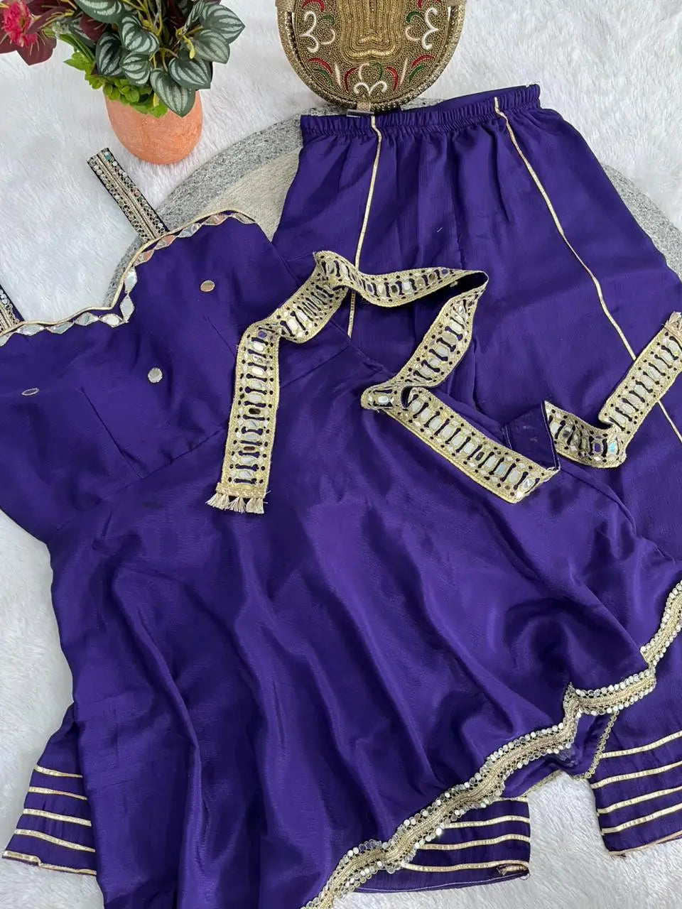 Mirror Work Chinon Peplum Palazzo Set with Dupatta for Festive Wear