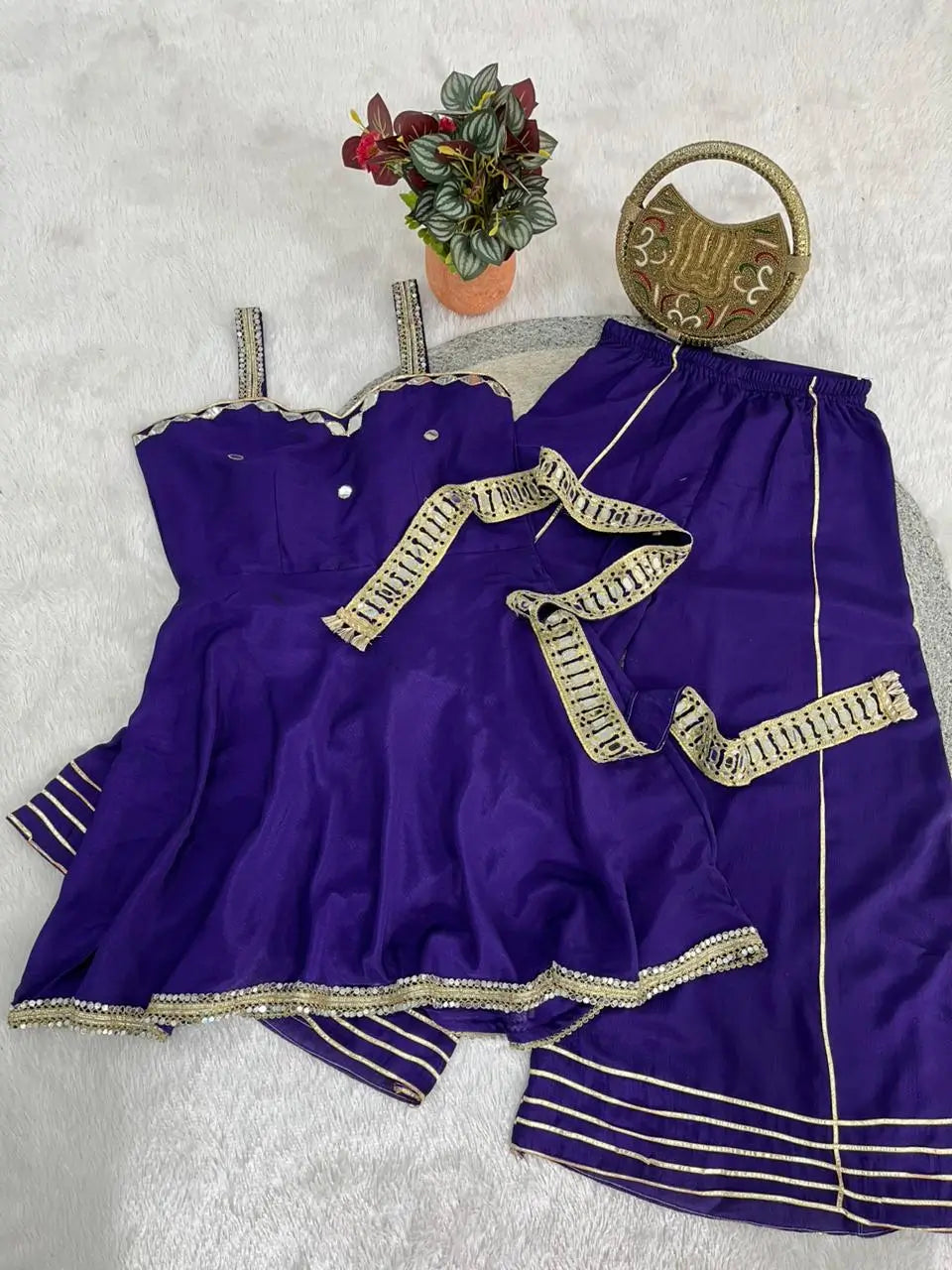 Mirror Work Chinon Peplum Palazzo Set with Dupatta for Festive Wear