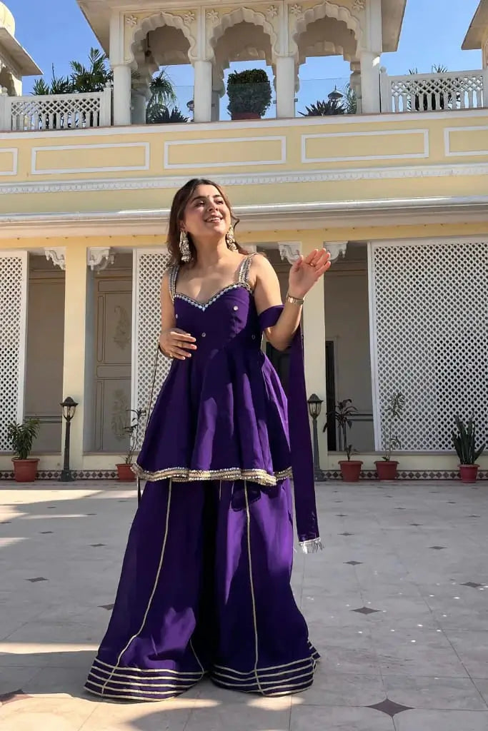 Mirror Work Chinon Peplum Palazzo Set with Dupatta for Festive Wear