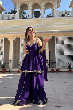Mirror Work Chinon Peplum Palazzo Set with Dupatta for Festive Wear