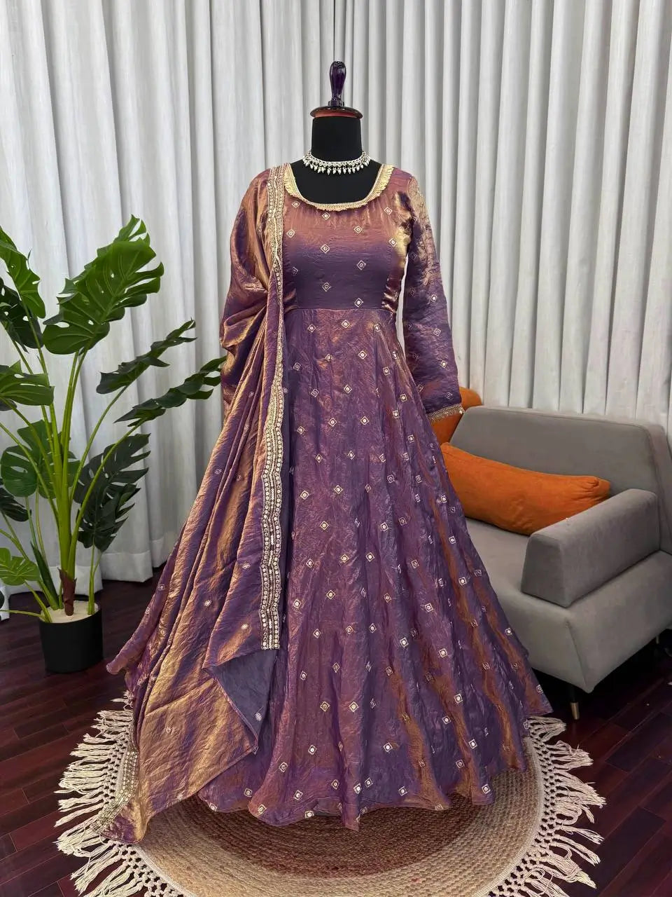 Mirror Work Fendy Silk Anarkali Gown Set with Dupatta