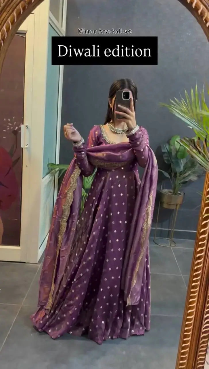 Mirror Work Fendy Silk Anarkali Gown Set with Dupatta