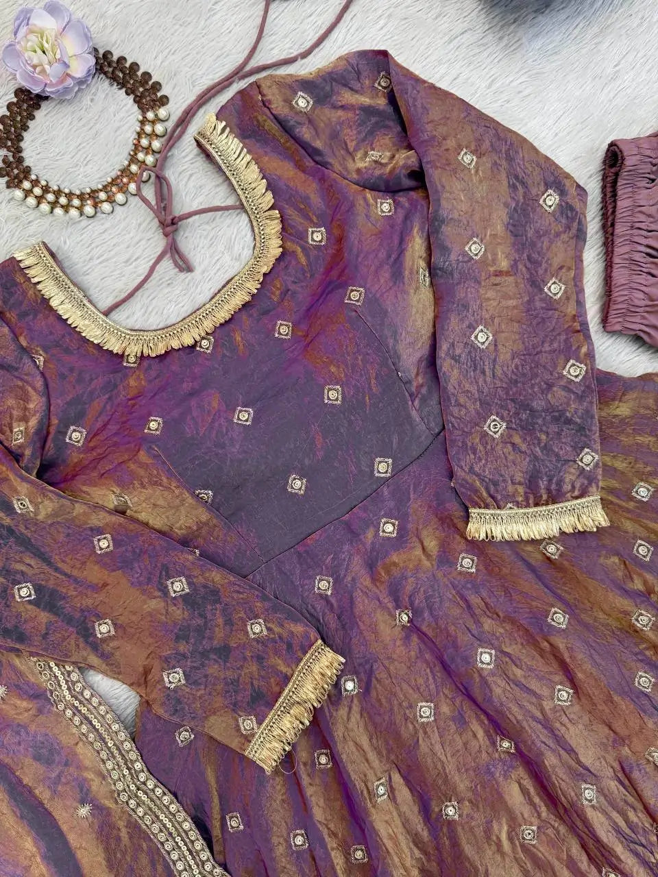 Mirror Work Fendy Silk Anarkali Gown Set with Dupatta