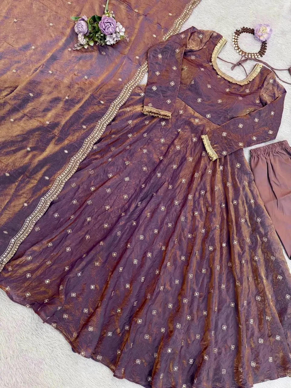Mirror Work Fendy Silk Anarkali Gown Set with Dupatta