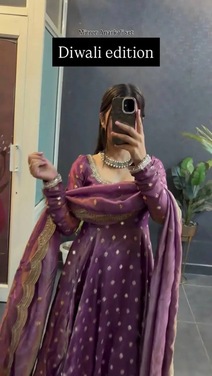 Mirror Work Fendy Silk Anarkali Gown Set with Dupatta