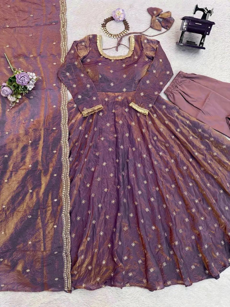 Mirror Work Fendy Silk Anarkali Gown Set with Dupatta