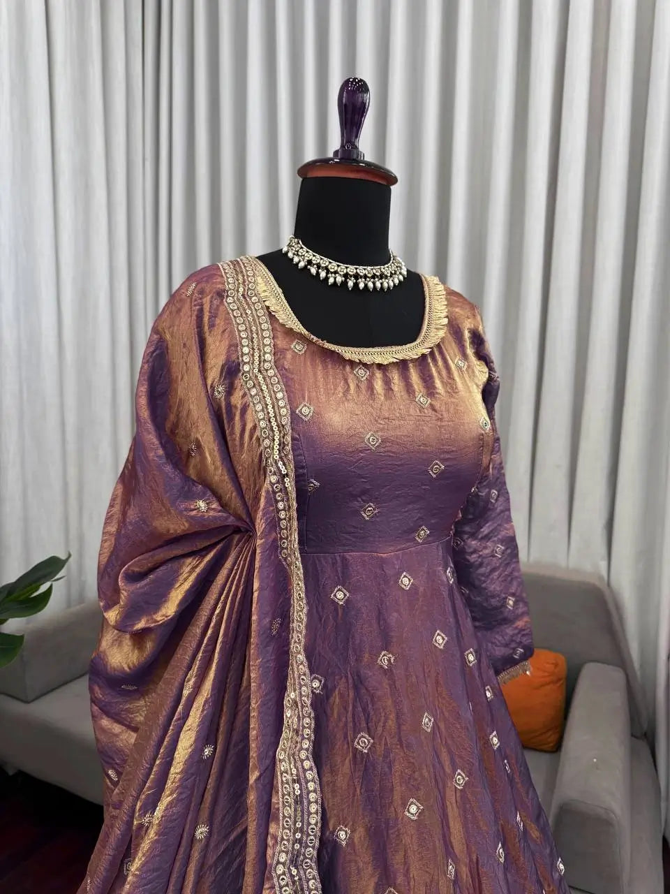 Mirror Work Fendy Silk Anarkali Gown Set with Dupatta