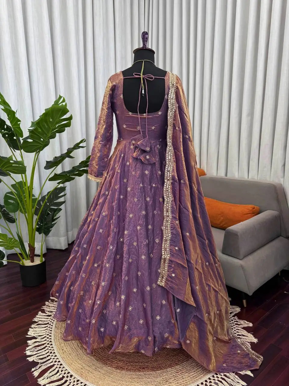 Mirror Work Fendy Silk Anarkali Gown Set with Dupatta