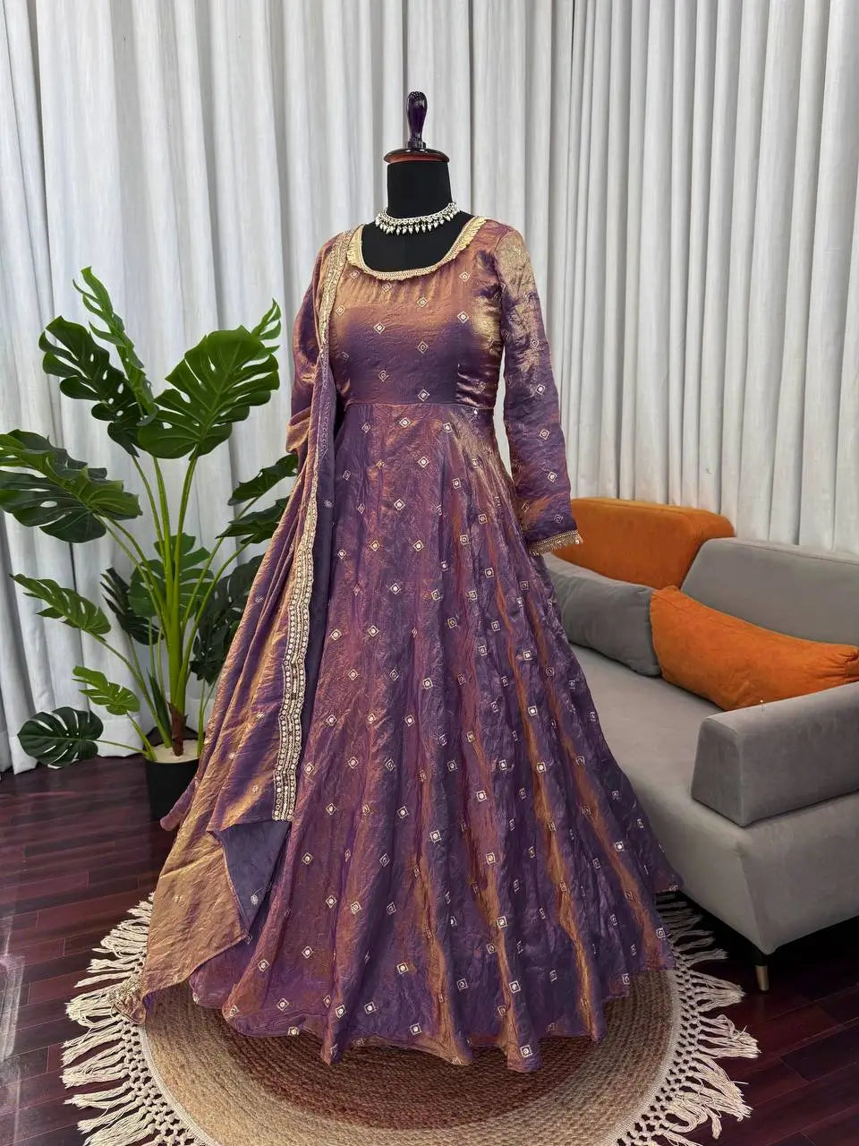 Mirror Work Fendy Silk Anarkali Gown Set with Dupatta
