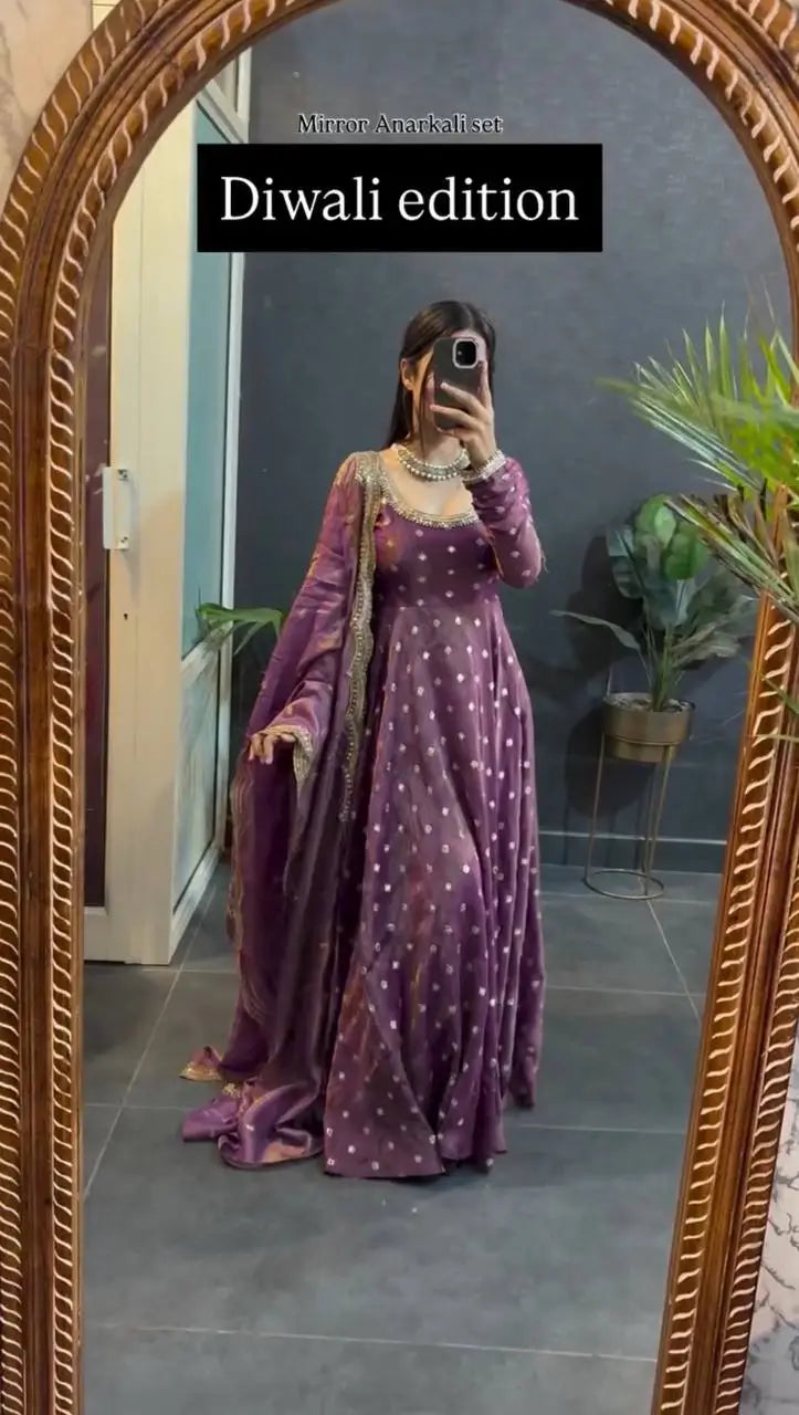 Mirror Work Fendy Silk Anarkali Gown Set with Dupatta