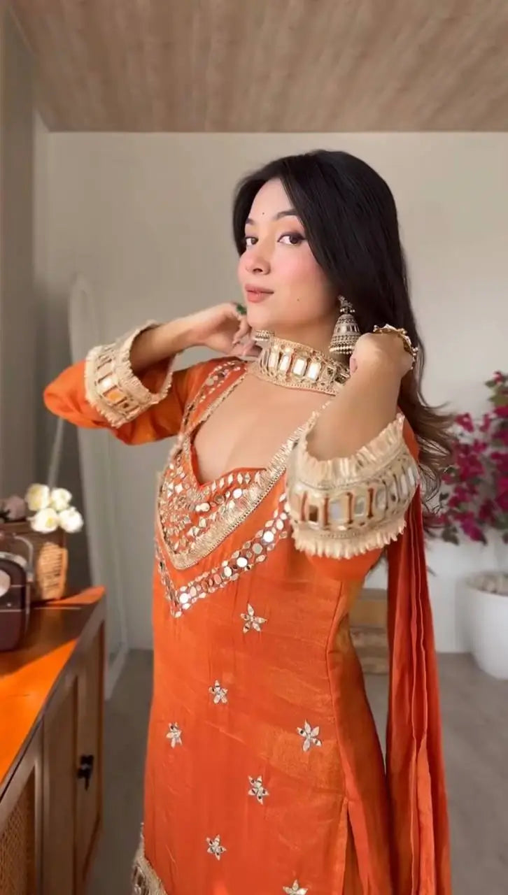Mirror Work Fendy Silk Sharara Set with Dupatta