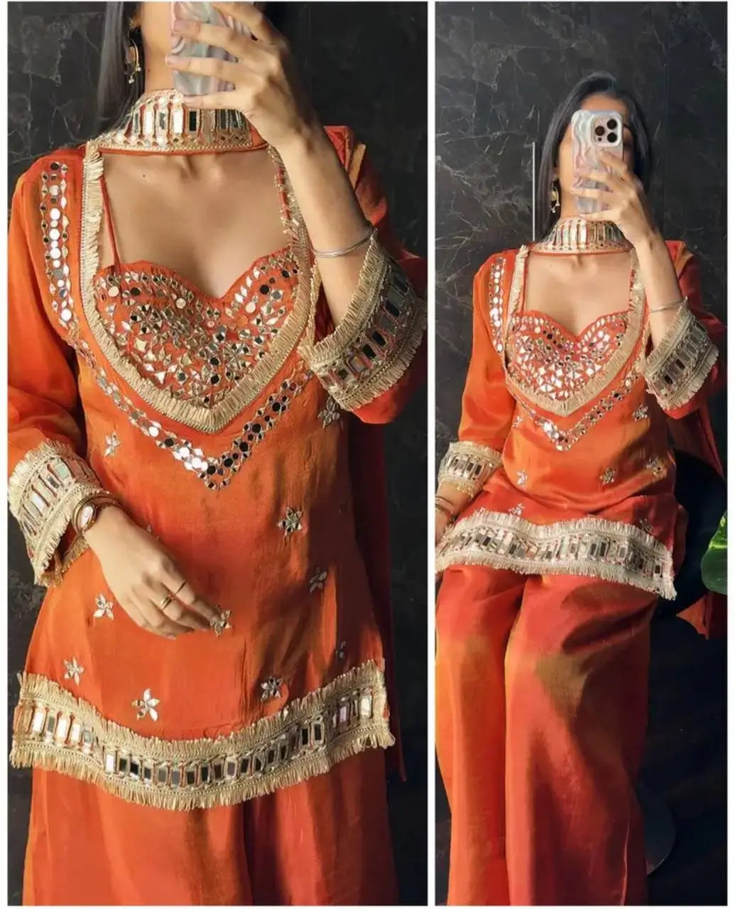 Mirror Work Fendy Silk Sharara Set with Dupatta