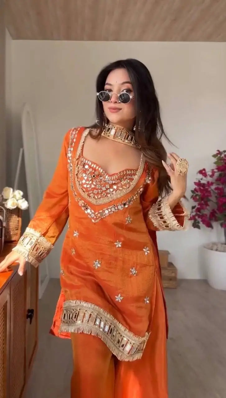 Mirror Work Fendy Silk Sharara Set with Dupatta